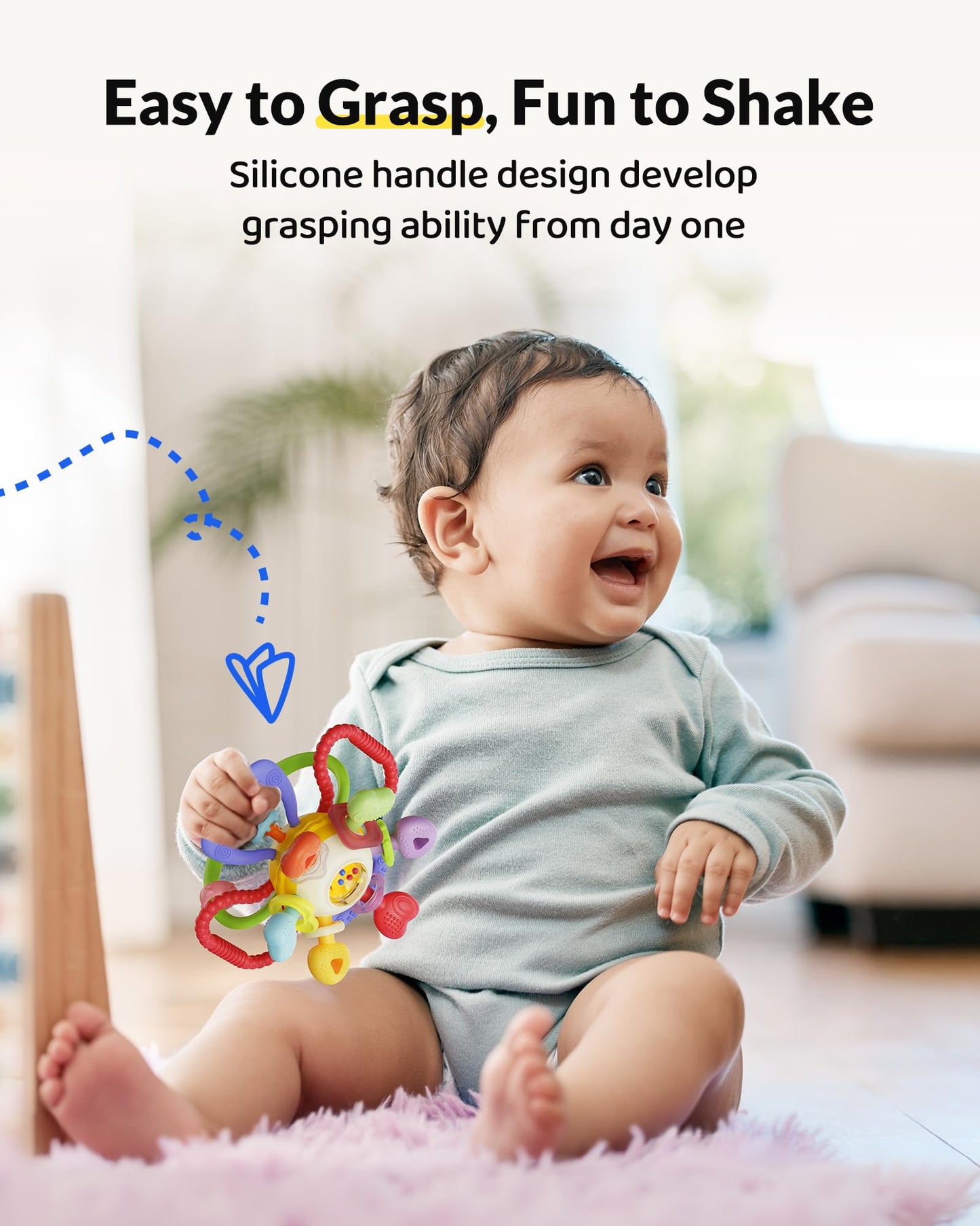 Baby Montessori Sensory Teething Toy – Safe, Multi-Functional BPA-Free Silicone Teether Toy for Babies 0-12 Months – Vibrant Rattle for Teething Relief & Fun Play – Perfect Baby Toys for Boys & Girls
