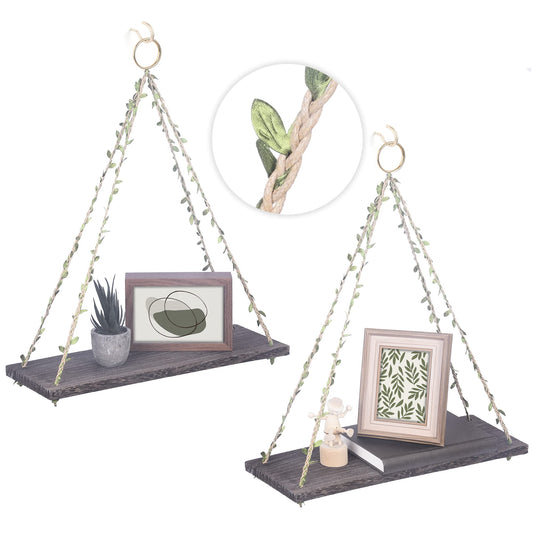 MITIME Hanging Shelves for Indoor Wall and Window - Floating Wall Shelves for Plant Display, Boho Style Home Decor.(Leaf Rope, Retro Color,Large*2)