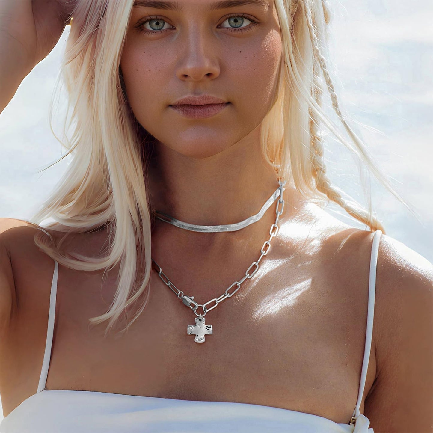 Bheop Chunky Cross Necklace for Women Trendy Silver Layered Statement Cross Pendant Charm Necklace Vintage Paperclip Herringbone Snake Choker Chain Costume Jewelry Set Gift Non Tarnish