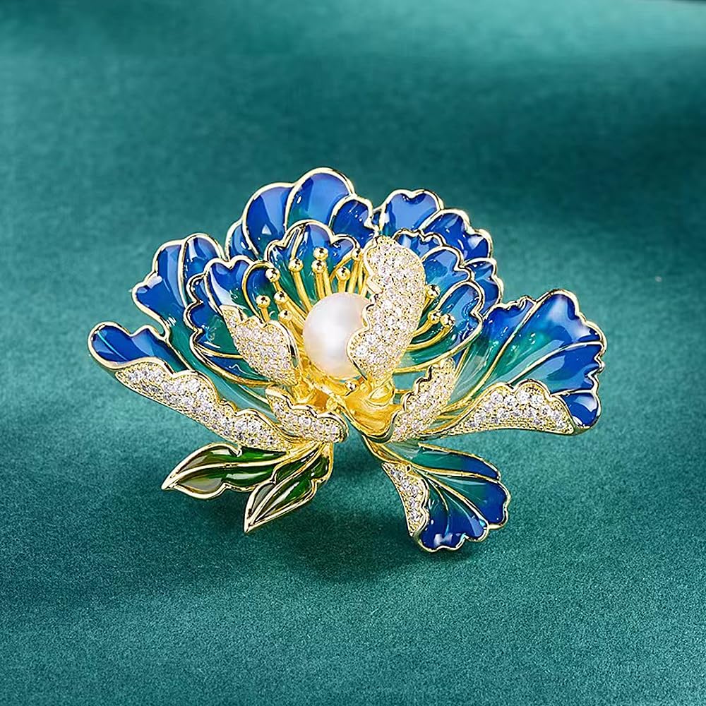 Dainty Flower Brooch Pins for Women Graceful Cubic Zircon Peony Pearl Enamel Badges Lapel Pins Trendy Banquet Prom Dress Jewelry Accessories Gift (Blue)