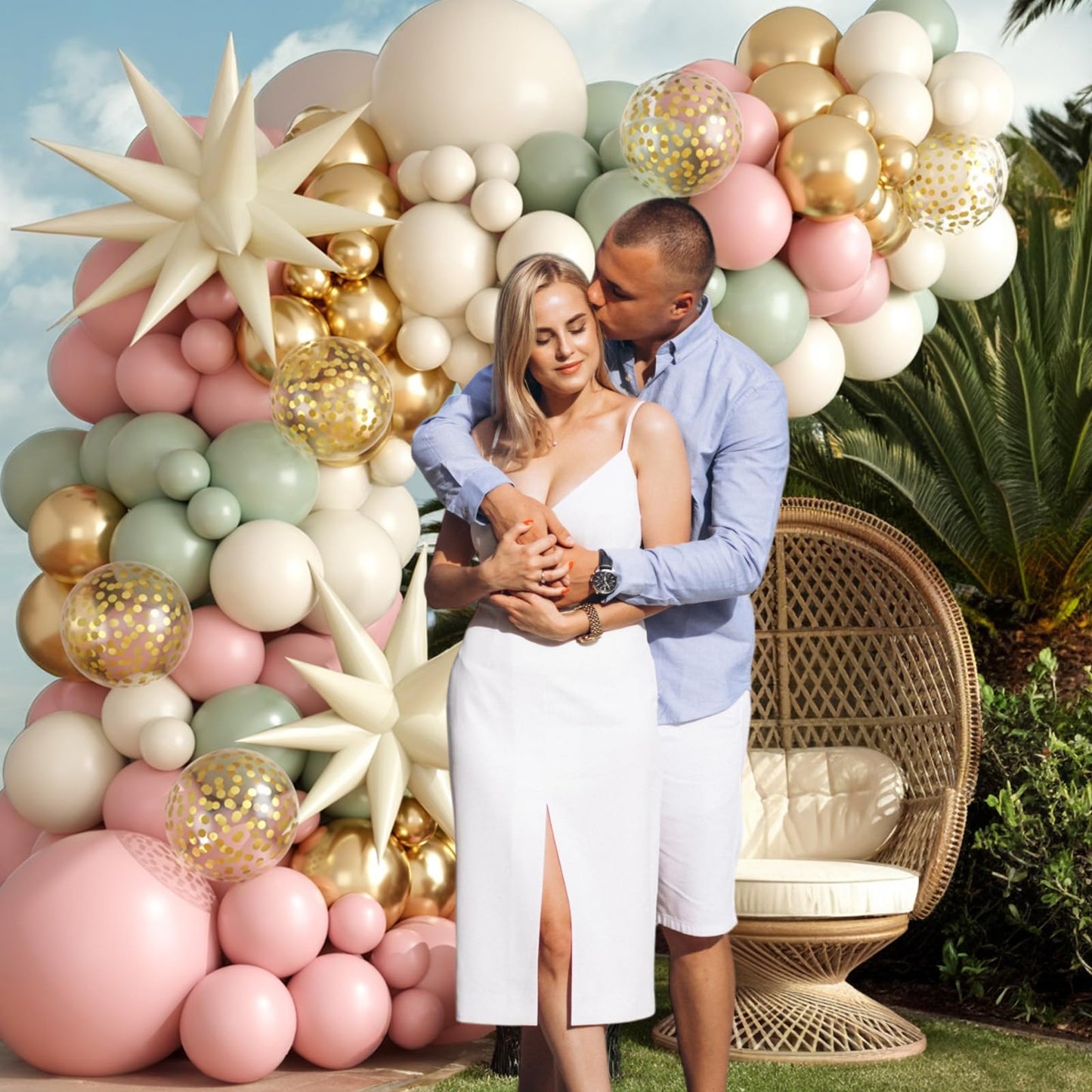 Sage Green Pink Balloon Arch Garland Kit, Sage Green Pink Sand White Beige Balloons with Gold Confetti Balloon Star Balloons for Jungle Safari Bridal Baby Shower Birthday Party Decoration