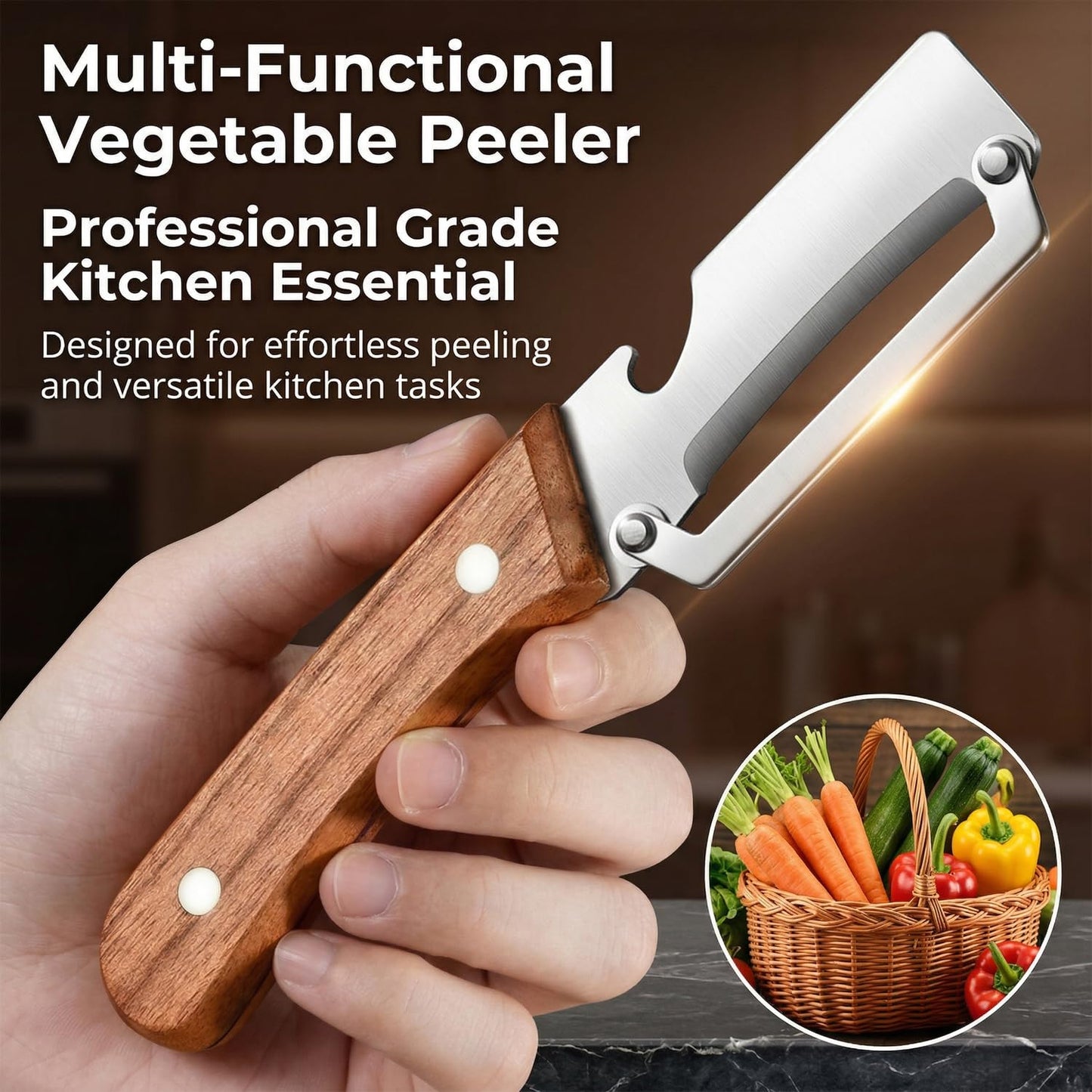 MultiFunctional Vegetable Peeler for Kitchen, Vegetable Peeler with Wooden Handle and Bottle Opener, 2-in-1 Stainless Steel Kitchen Peelers for Fruit Veggie Apple Potato Pumpkin Papaya(2PCS)