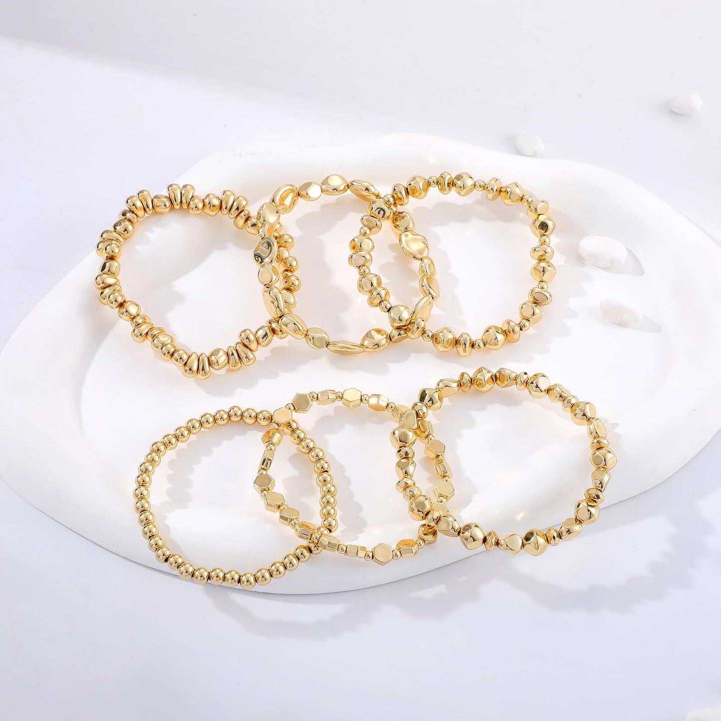 Sajidos Gold Plated Beaded Bracelets for Women Trendy, 14K Gold Plated Stack Cross Pearl Gold Plated Bead Stretch Bracelets Set Elastic Hypoallergenic Bracelets Jewelry Gifts (style5-12)
