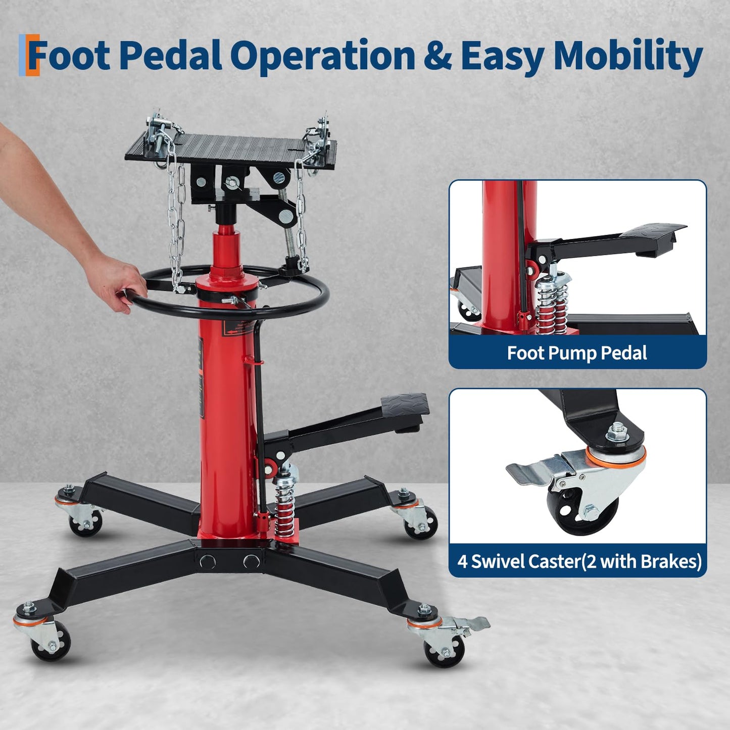 GarveeTech Hydraulic Transmission Jack, 1322 LB Capacity, High Lift Transmission Lift with Dual Plungers, 360° Rotation & 30° Tilting Saddle for Home Garage & Auto Shop, Red