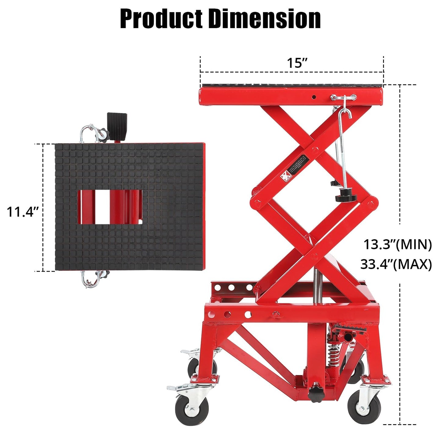Hydraulic Motorcycle Lift Jack Table, 350 lbs Capacity Heavy Duty Motorcycle Scissor Jack Lift with Wide Deck, J-Hooks, 4 Wheels, Hydraulic Foot Operated Jack Stand for ATV Dirt Bikes