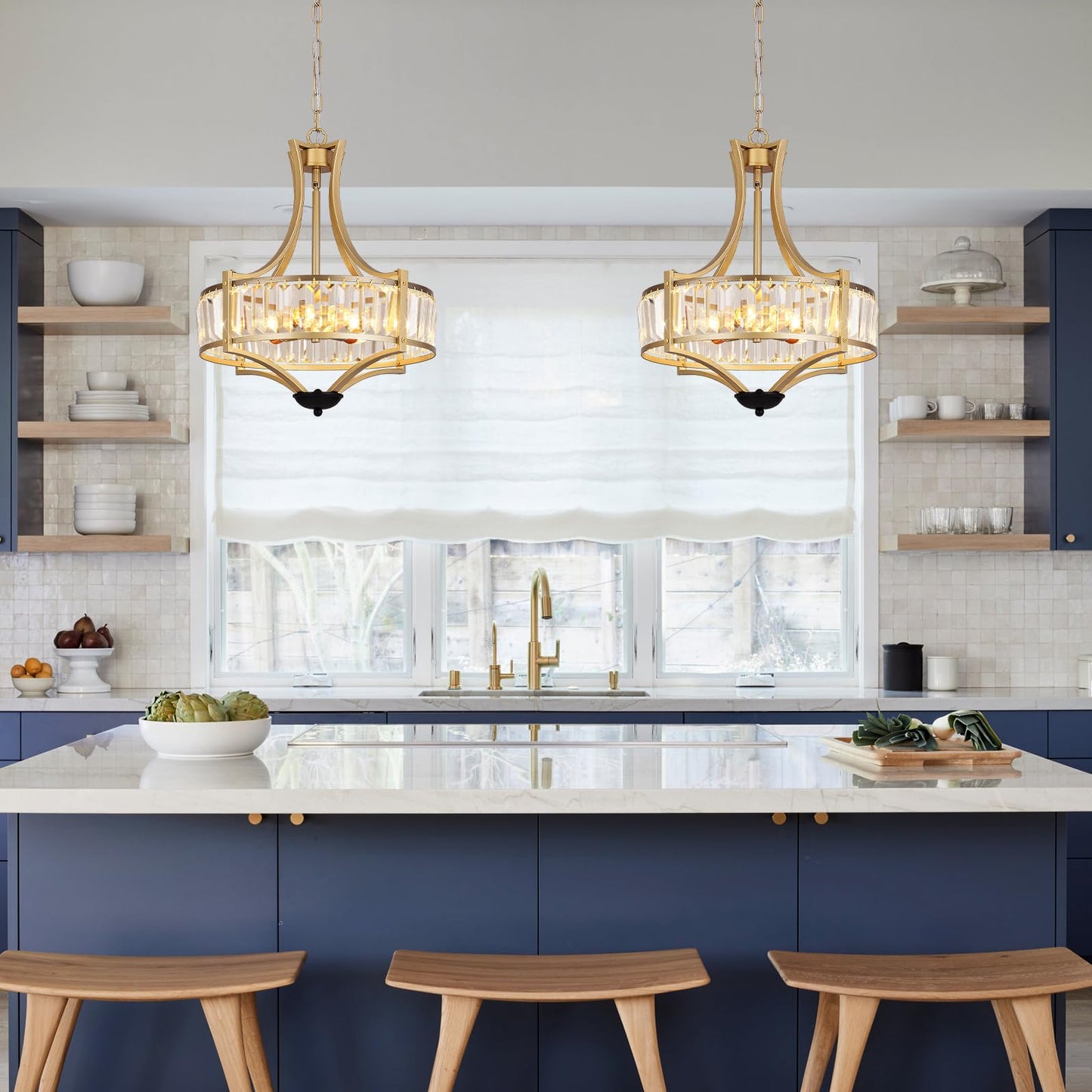 Kaniker 5-Light Crystal Chandelier Ceiling Light Fixture with Adjustable Height, Gold Drum Pendant Light for Dining Room Light Fixture, Kitchen Island, Bedroom, Living Room, Elegant Modern Lighting