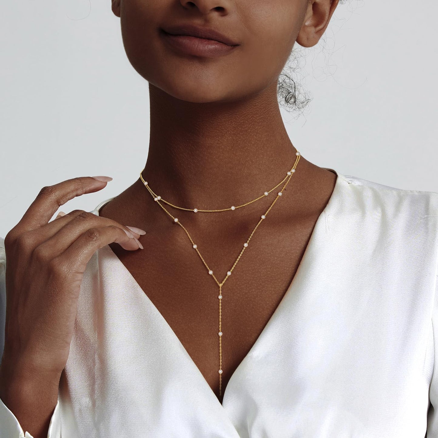 HERIER Gold Jewelry Set for Women Dainty 14K Gold Plated Layered Pearl Necklaces for Women Pearl Drop Earrings Bracelets Trendy Wedding Bride Jewelry Gift