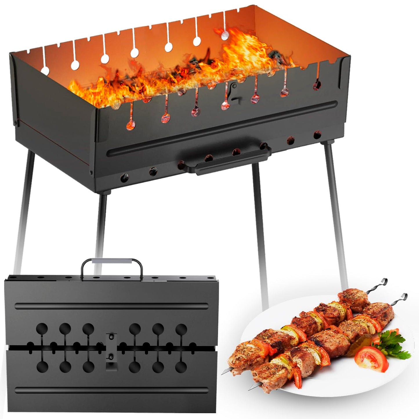 MHH Charcoal Grill for 8 Skewers - Portable Barbecue 16.9""×11.8""×16.9"" Kabob Camp Grills - Foldable Metal Mangal - Kebab Shish - BBQ for EDC Picnic Outdoor Cooking (Skewers Not Included)