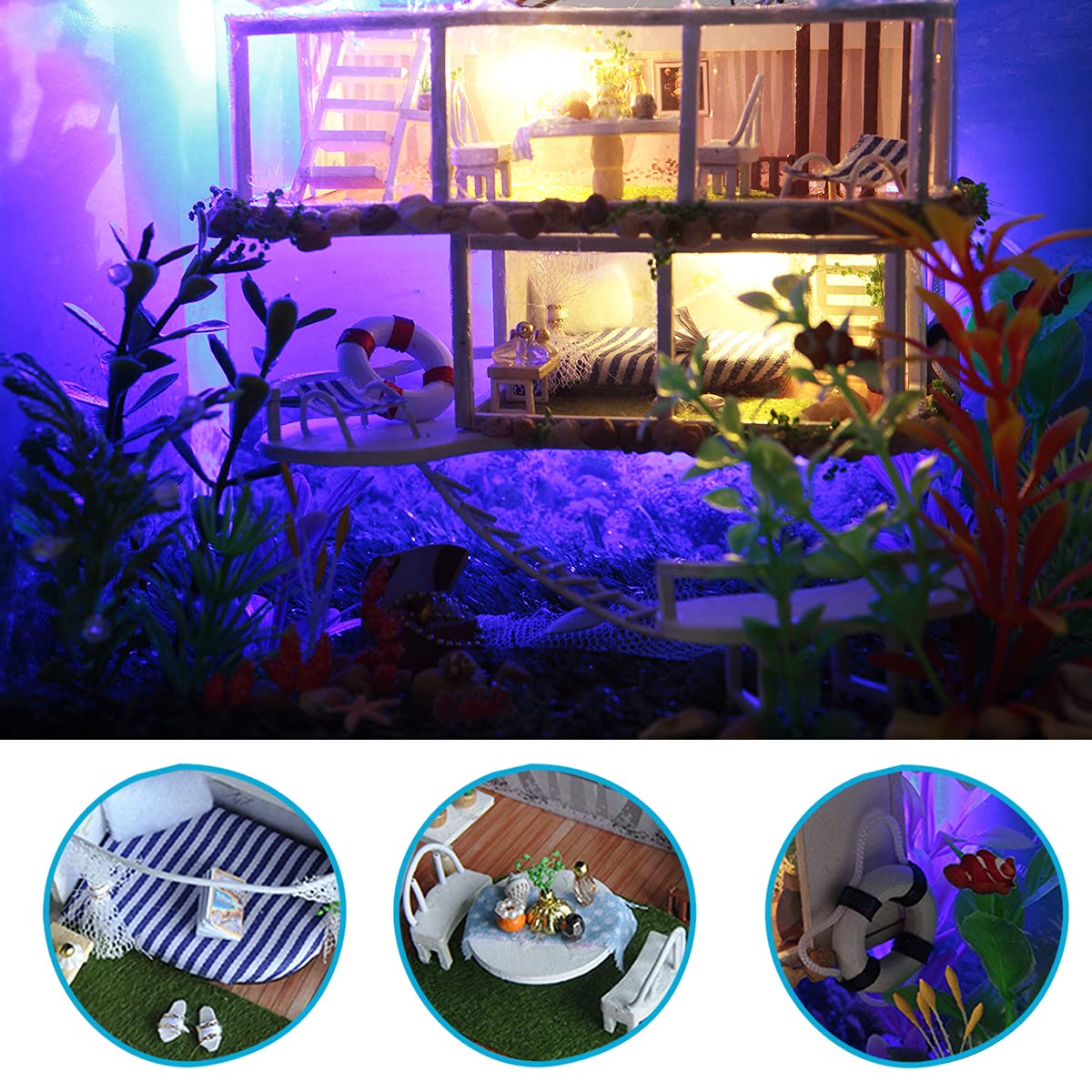 GuDoQi DIY Miniature Dollhouse Kit, Tiny House kit with Furniture and Dust Proof, Miniature House Kit 1:24 Scale Beachside Bungalow, Great Handmade Crafts Gift for Birthday Christmas Day