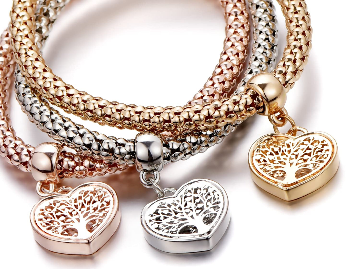 SILANER Crystal Charms Multilayer Bracelets - 3PCS Gold/Silver/Rose Gold Corn Chain Bracelet for Women, Tree of Life Heart Shaped Stretch Bracelet(TREE OF LIFE HEART EDITION CHARM)