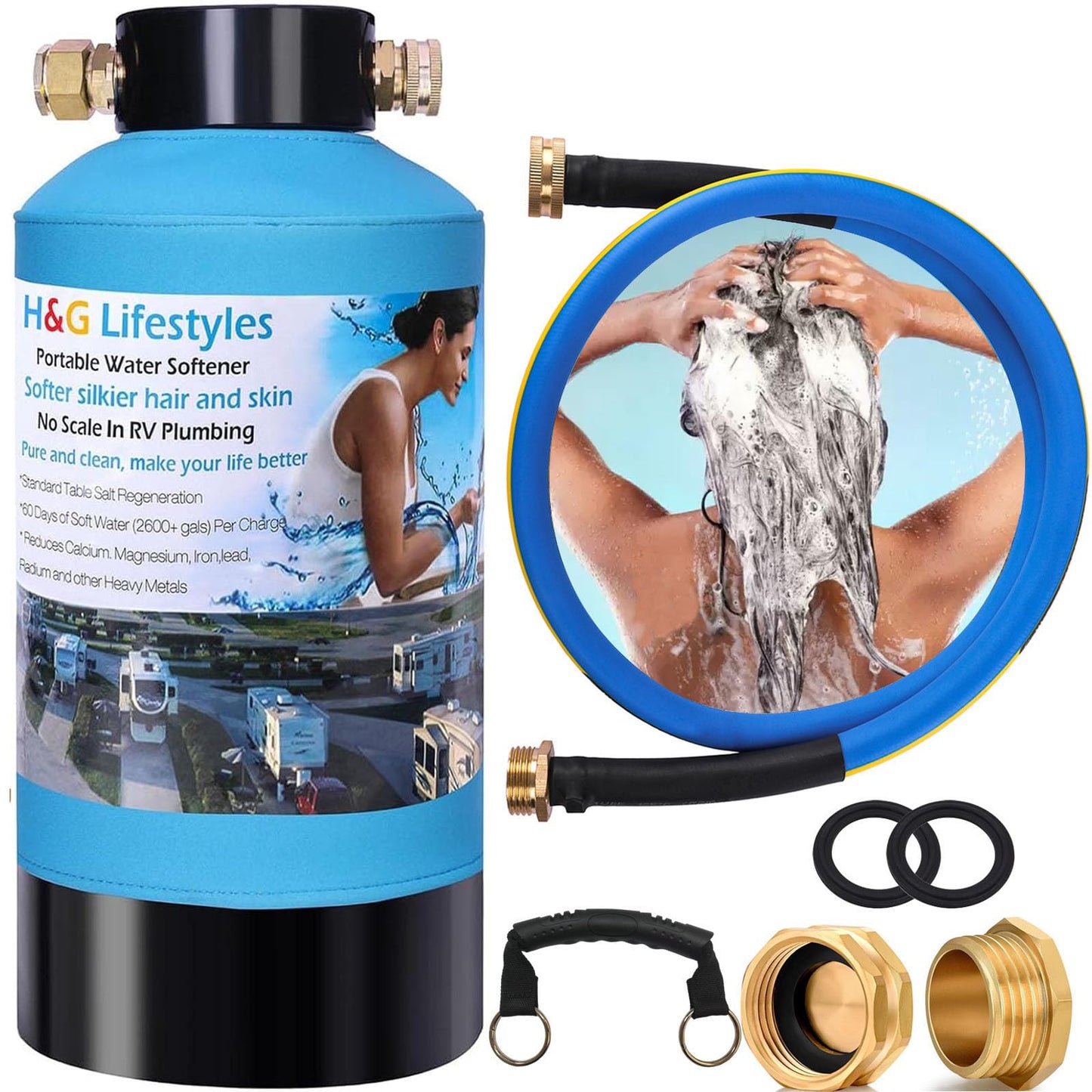 H&G lifestyles ‎Portable Water Softener for RV with Water Hose, Food-Grade Resin 3/4" Brass Fittings 2600 Gallons Softens Hard Water Filtration System for Car Washing Pressure Washing