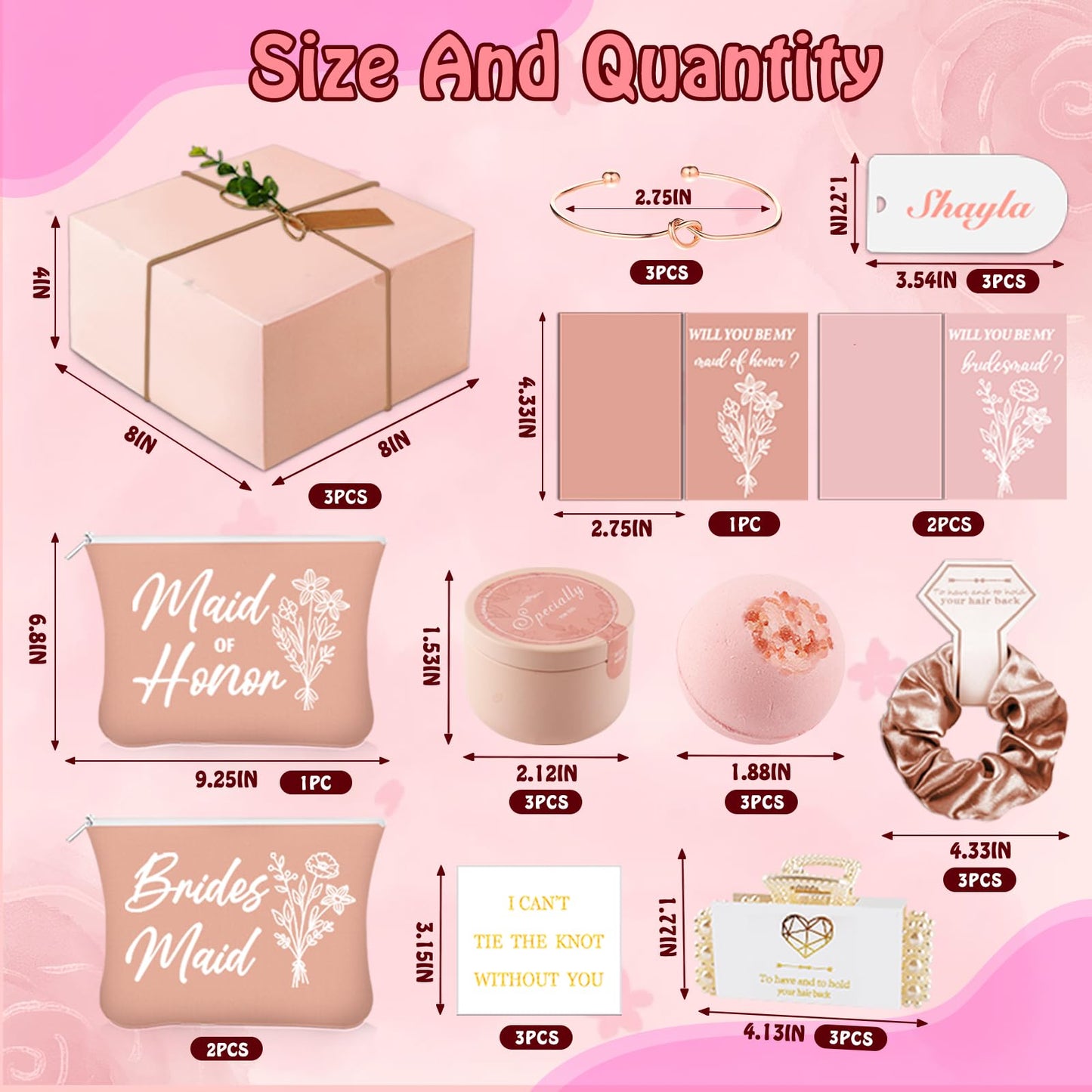 37pcs Bridesmaid Gifts Set Of 3 Pink，Maid of Honor Proposal Box Gift,Scented Candle Salt Ball Makeup Bag Rectangular Hair Clip Bridesmaids Scrunchies Knot Bracelet Bridal Shower Wedding Party