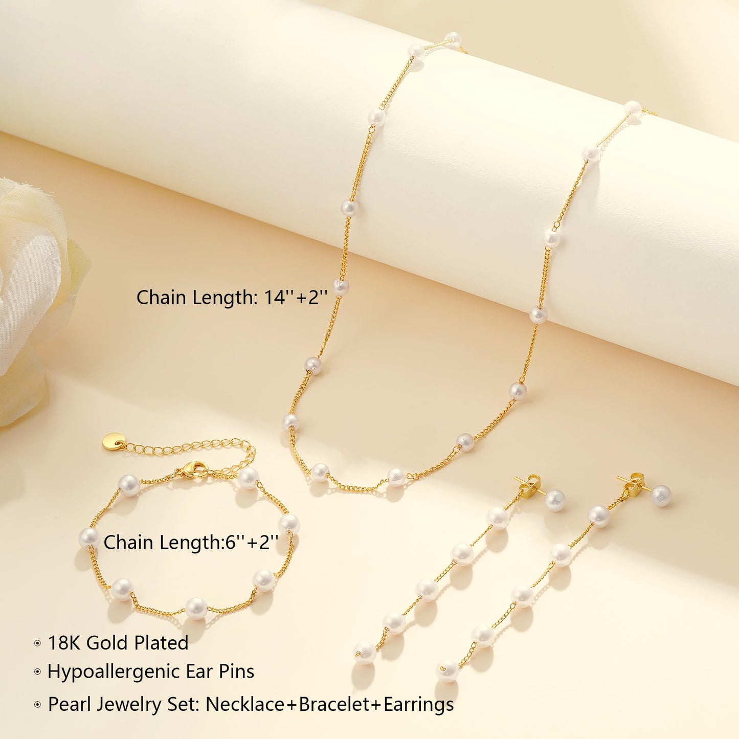 Fezodo Gold Jewelry Set for Women, Dainty 18K Gold Pearl Necklace and Earring Set With Pearl Earrings Bracelet Wedding Jewelry Sets for Bride, Bridal Prom Pearls Jewelry