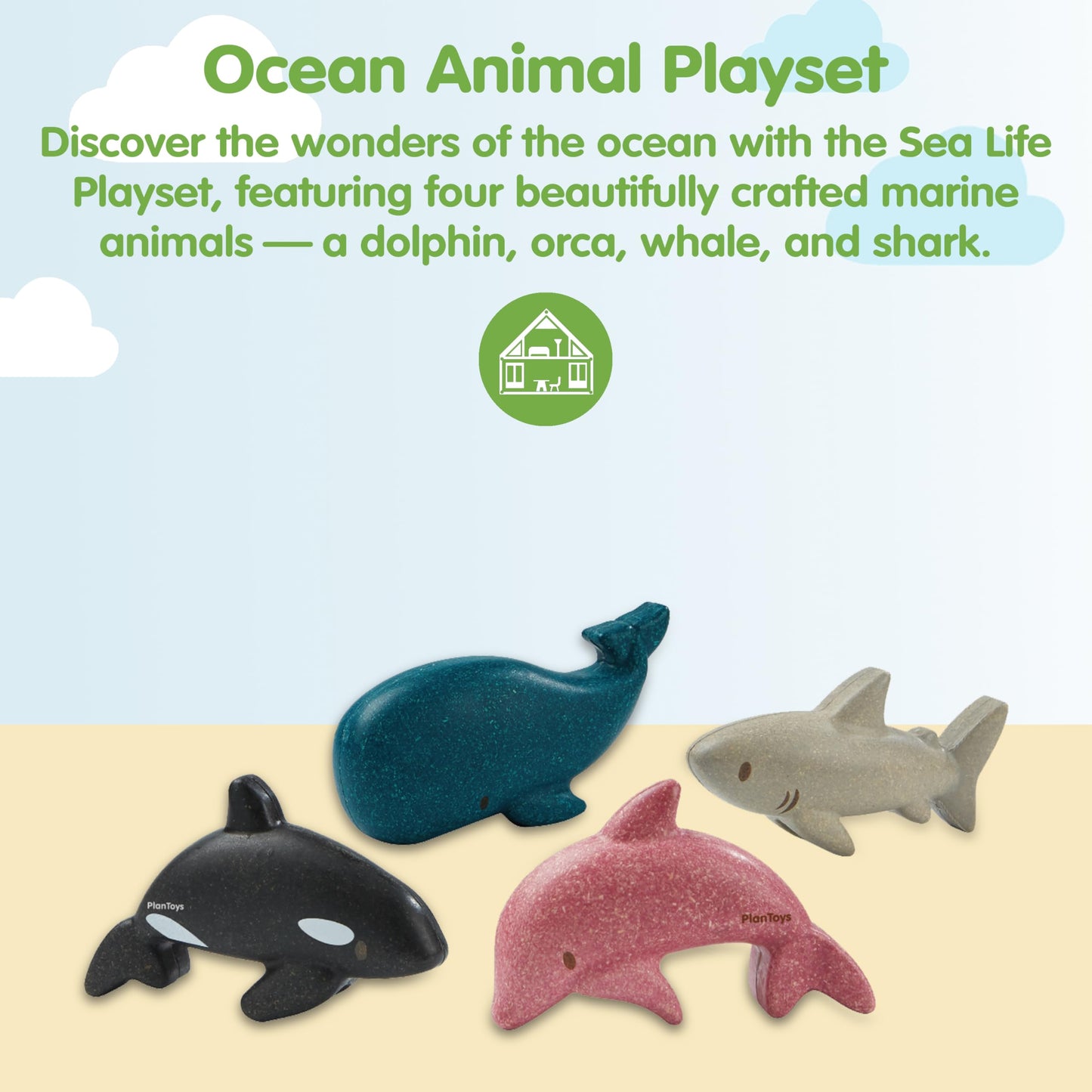 PlanToys® Wooden Sea Life 4-Piece Set Dolphin, Orca, Whale and Shark Figurines | Montessori Toy for Imaginative Play | Supports Language and Social Skills | Eco Friendly for Bath and Water Play