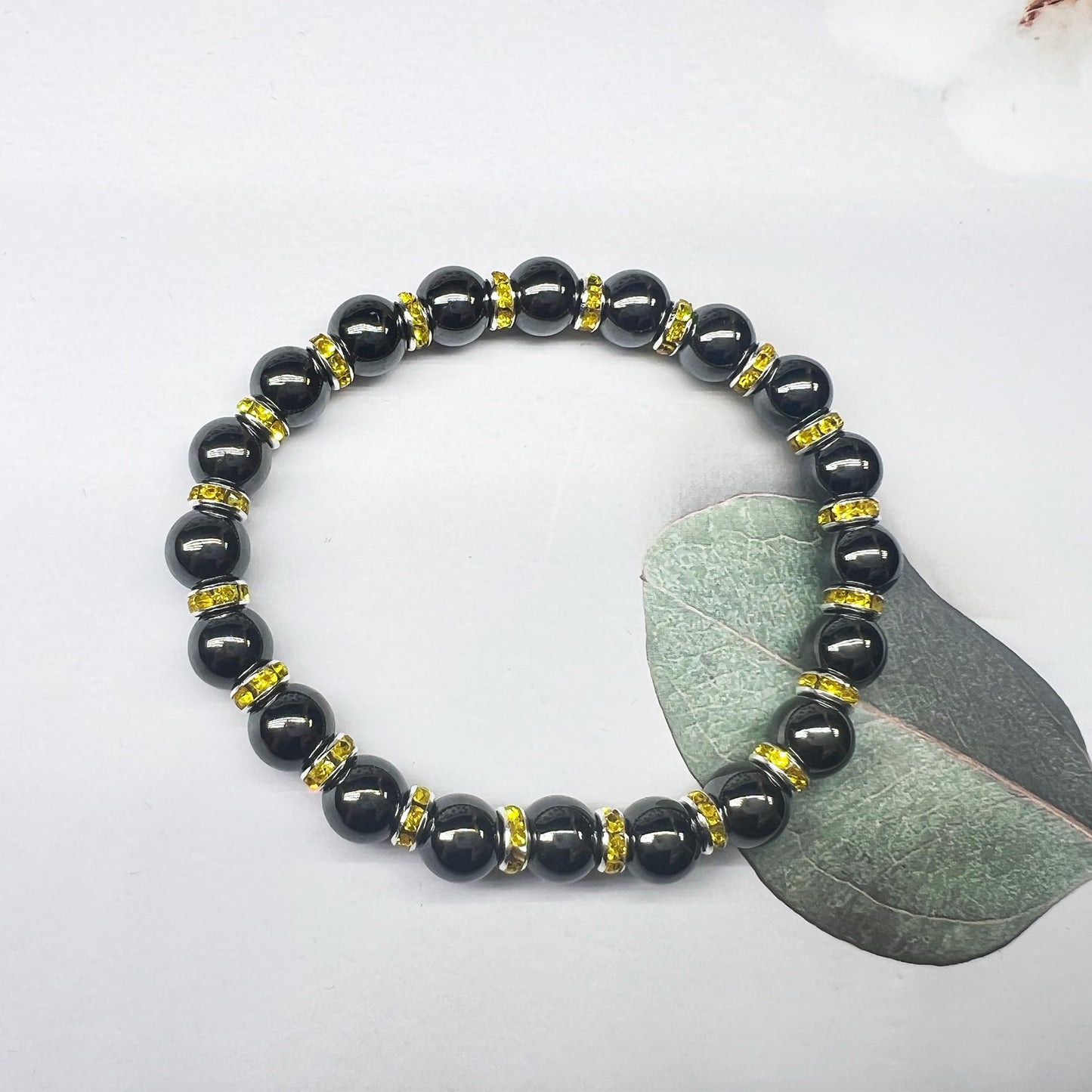 Apocalyptic-K Women's Magnetic Bracelet，Hematite Bracelets，Magnetic Bracelets With Zirconia,Handmade Stretch Bracelet，Eliminates static electricity. (Gold Zirconia,10MM)