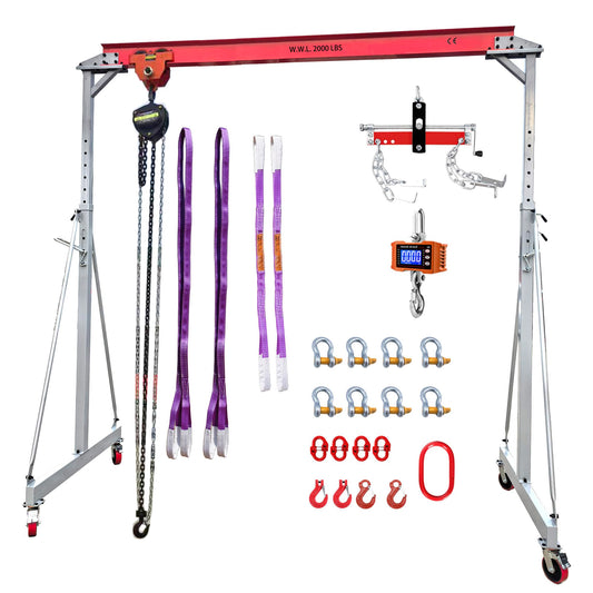 Extra-Large Size Gantry Crane 2000 LB, Width 10.5 FT, Height Adjustable 9.84 FT~ 10 FT~ 12 FT ~ 13.78 FT, Portable Crane 1T with Hoist, Crane Scale, Engine Lever, Trolley and Rigging Kit (2000 LBS)