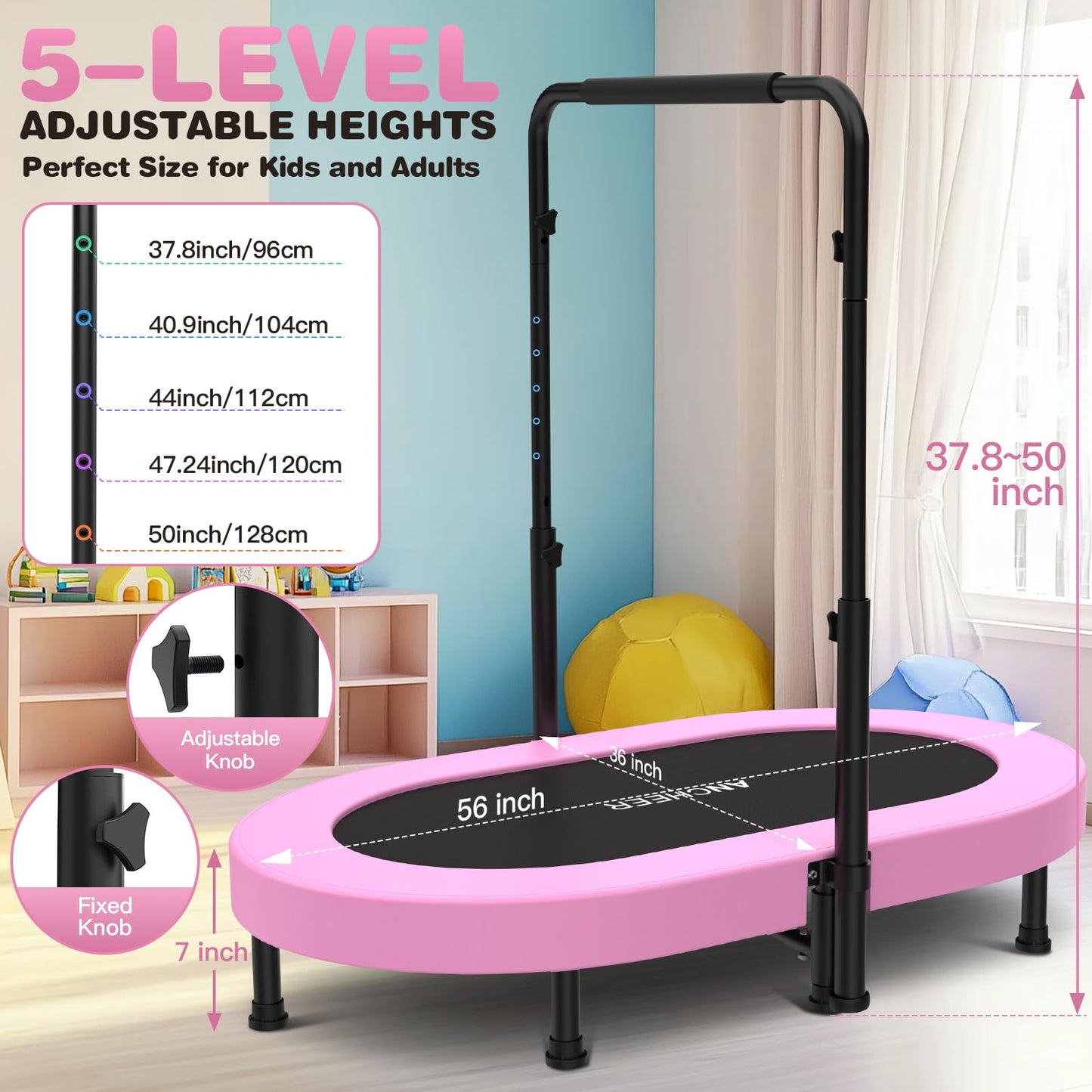 ANCHEER Trampoline, Mini Trampoline with Adjustable Handle - Indoor/Outdoor Rebounder for Kids & Toddlers, 56'' Safe Oval Fitness Trampoline with Bar for Home Fun