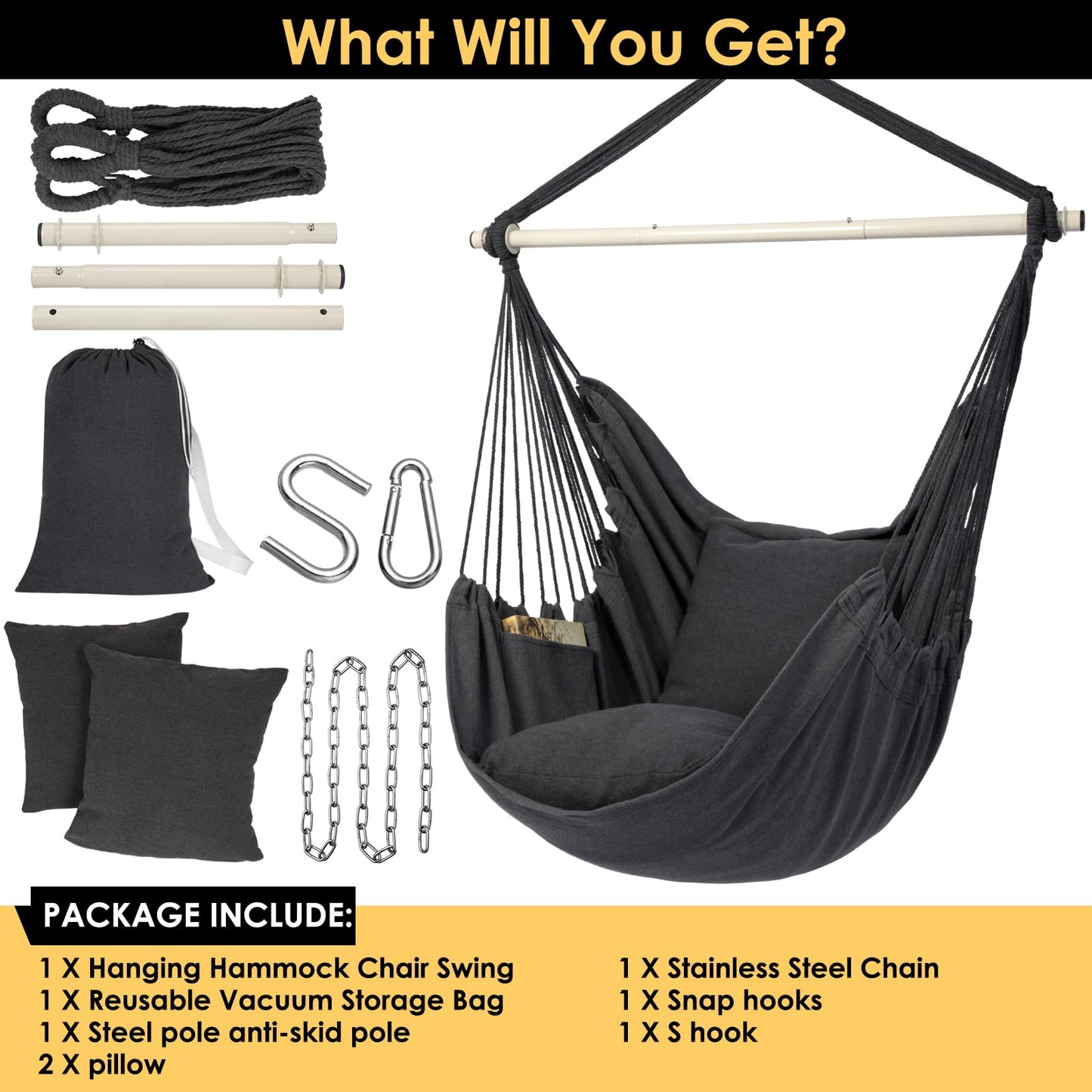 Y- STOP Hammock Chair Hanging Rope Swing Chair, Max 500 Lbs, 2 Seat Cushions Included, Removable Steel Spreader Bar with Anti-Slip Rings, Hardware kit-for Indoor Outdoor(Dark Grey) pcs