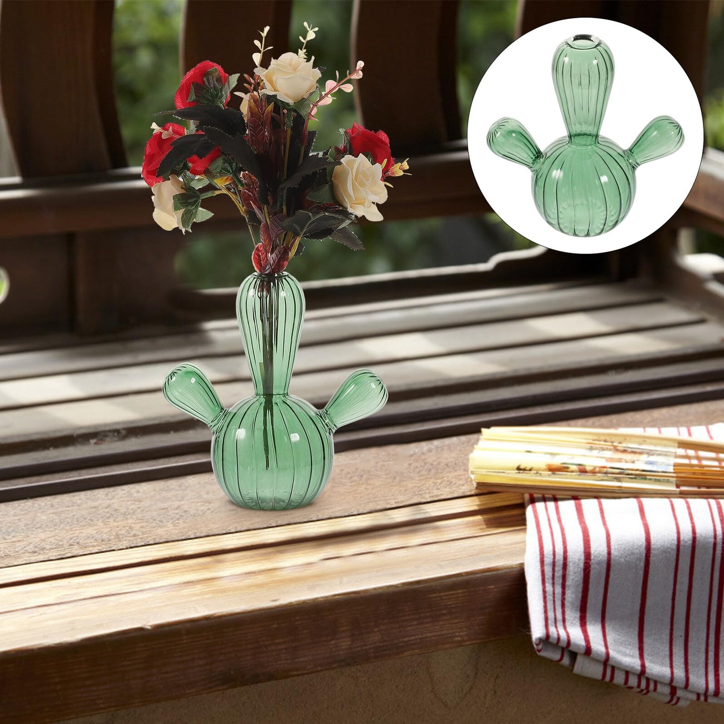 BUTIFULSIC Cactus Shaped Glass Vase Small Hydroponic Plant Container Green Glass Flower Vase Decorative Terrarium for Home Décor Tabletop Display