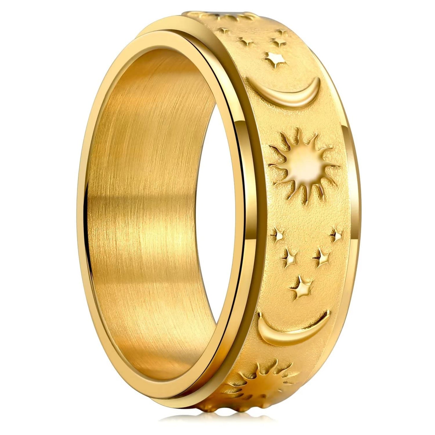 King Will Mens Fidget Ring Old Gold 8mm Stainless Steel Ring Spinner Ring For Men Women Stress Anxiety Relief Rotating Ring Finger Teens Toy Moon Sun Star Comfort Fit For Unisex Adults 7