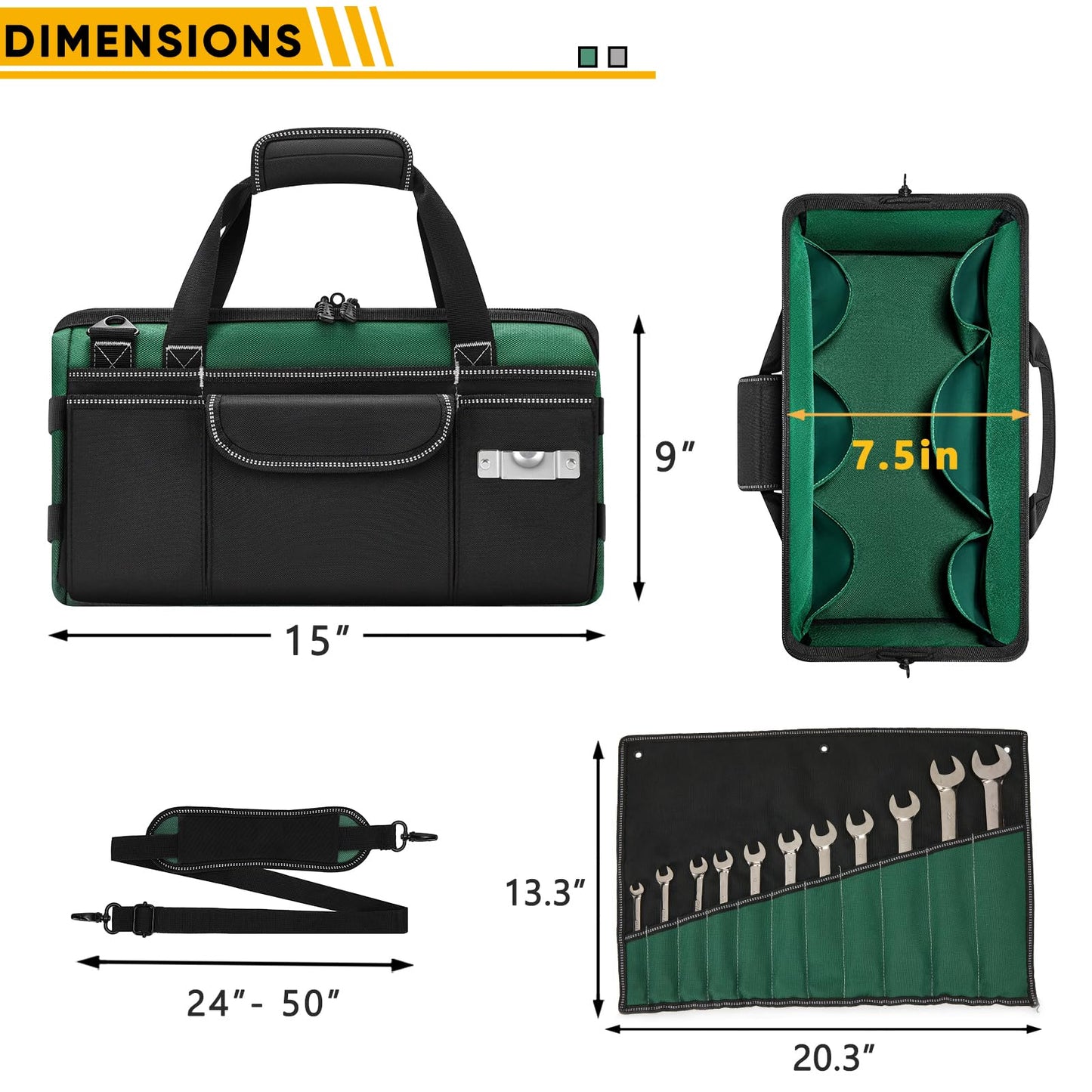 FRECOLSH Heavy Duty Tool Bag for Men with Wrench Organizer – Empty Toolbox Organizer Storage with Anti-Slip Base, Large Zipper Opening – Mechanic Gift for Men, Father's Day