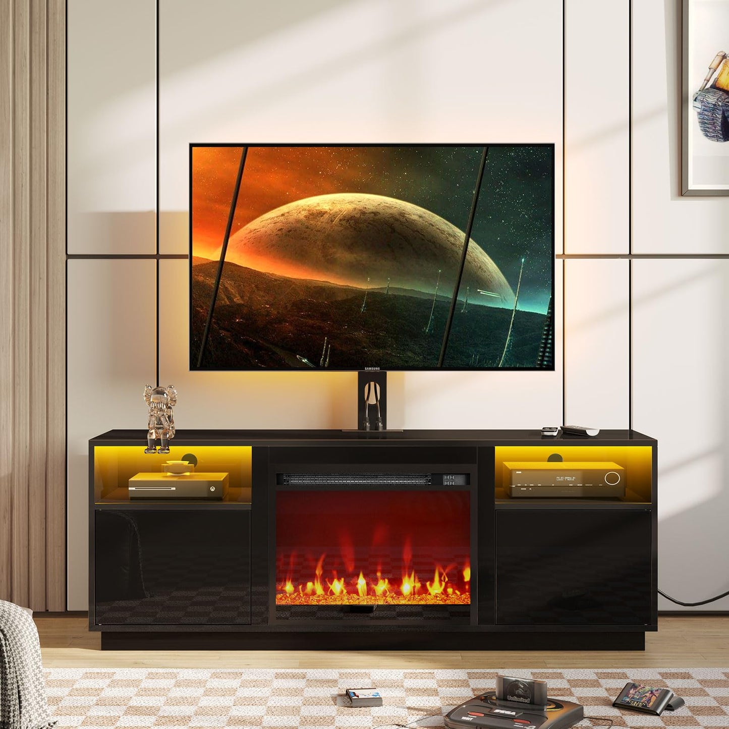 Rolanstar Fireplace TV Stand with Led Lights and Power Outlets, Entertainment Center with Electric Fireplace, Swivel TV Stand Mount for 45/55/60/65 inch TVs, Height Adjustable TV Console, Black