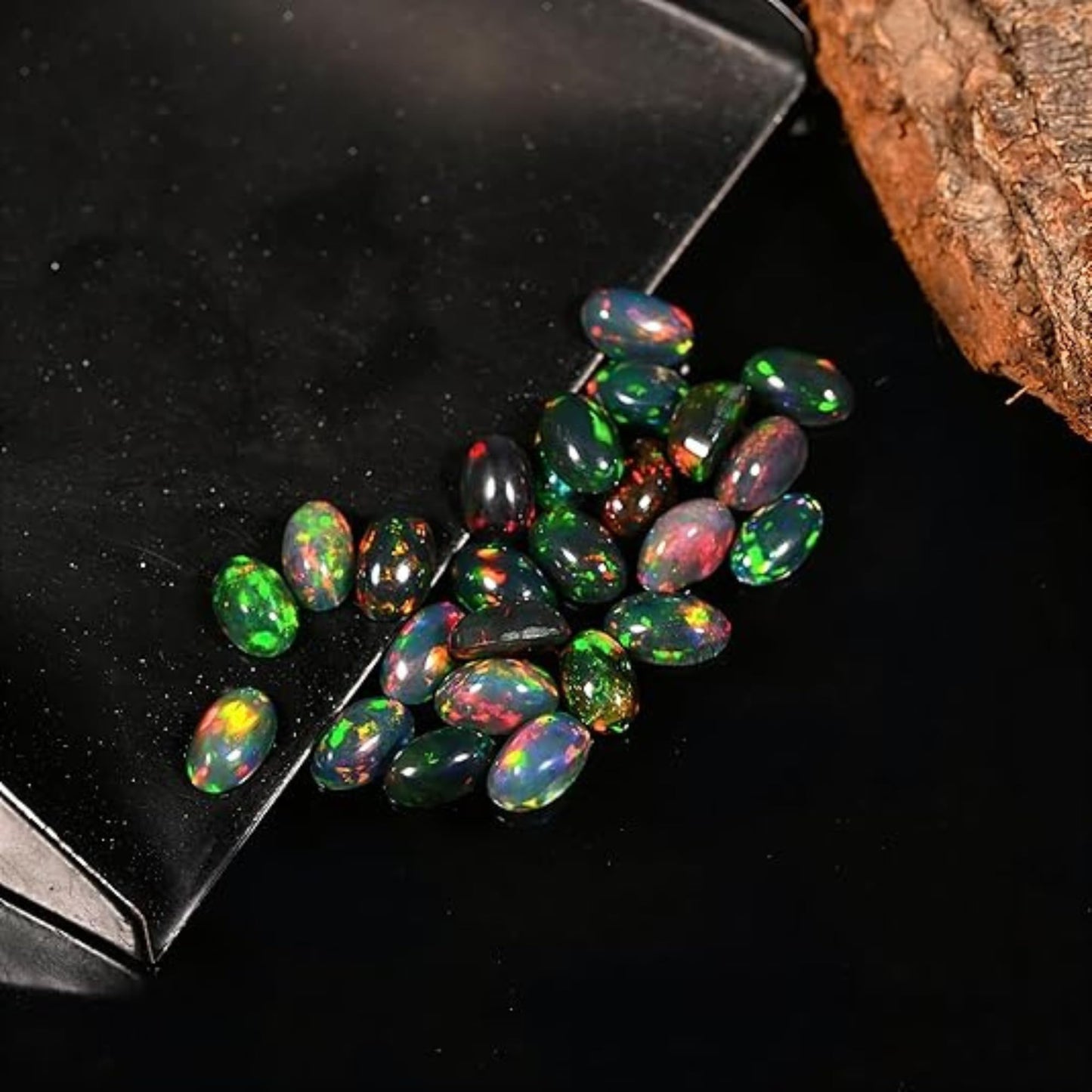 Natural AAAA+ Quality Ethiopian Opal Cabochon Lot, Oval Shape, Multi Fire Opal for Jewelry Making (5 pcs Black Opal - 5x7mm)
