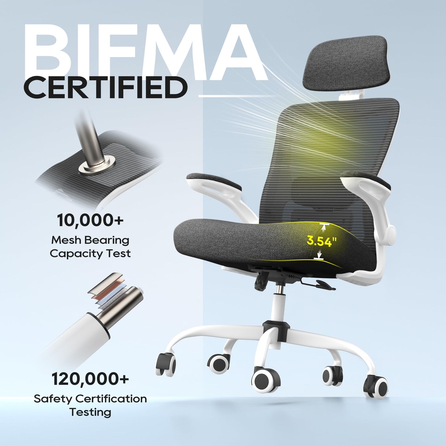 Zeonsit Ergonomic Office Chair, High Back Mesh Desk Chair with Adjustable Lumbar Support & Headrest, Flip-up Armrest, Computer Task Chairs for Home and Executive Office (W-Black)