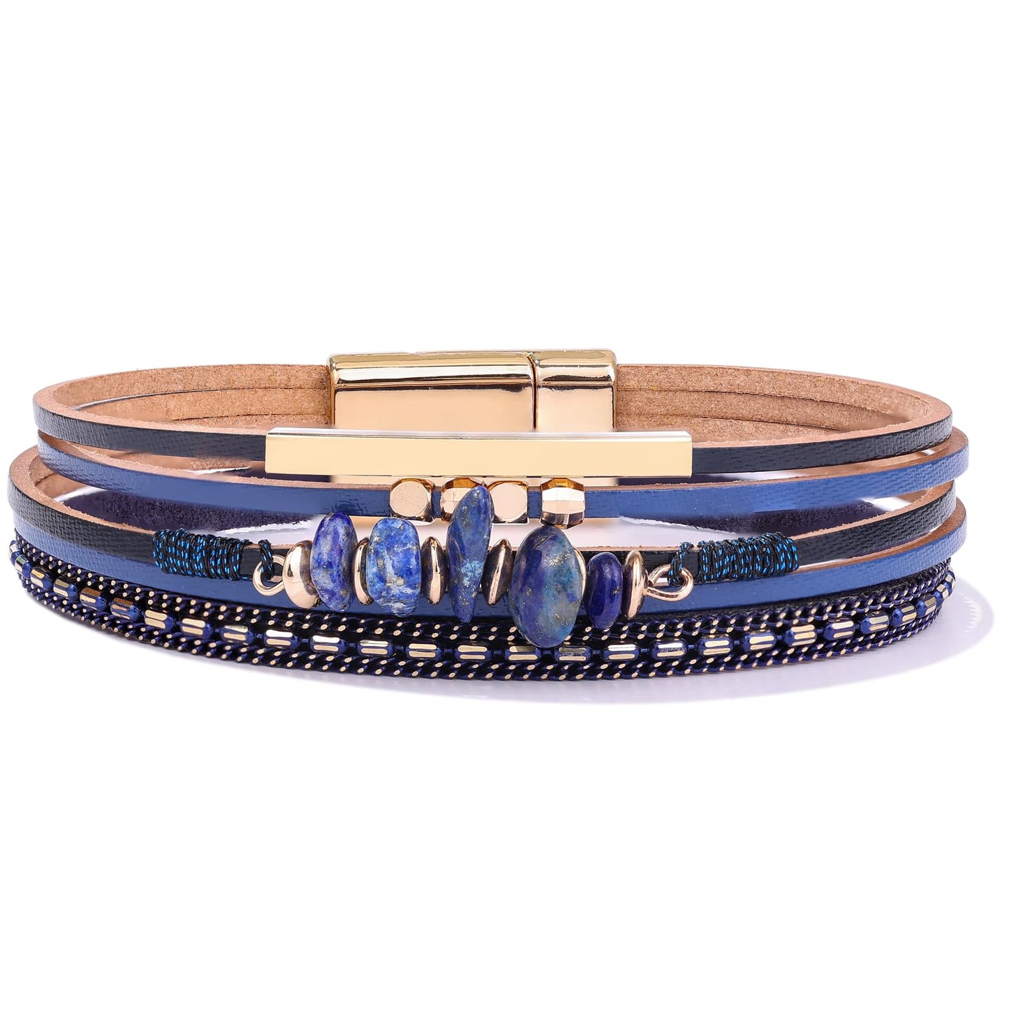 Becklynn Boho Gemstone Beaded Leather Wrap Bracelets Stackable Chunky Cuff Bracelet Western Jewelry Hippie Cowgirl Cowboy Accessories Country Concert Outfits for Women(Navy Blue)