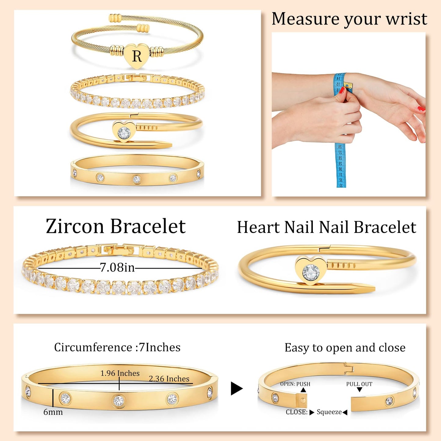 MEIERYA18K Gold Plated Nail love Bangle Bracelet Set for Women,Cubic Zirconia,Adjustable tennis bracelet Trendy Gift Jewelry for Mother's Day Anniversary (12-Style-R)
