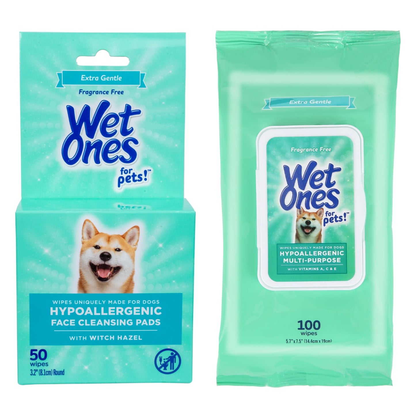 Wet Ones for Pets Hypoallergenic Face Cleansing Pads, Fragrance-Free, 3.2 in Round, 50 ct + Hypoallergenic Dog Wipes with Vitamins A, C & E, Fragrance-Free, 100 ct Pouch Bundle