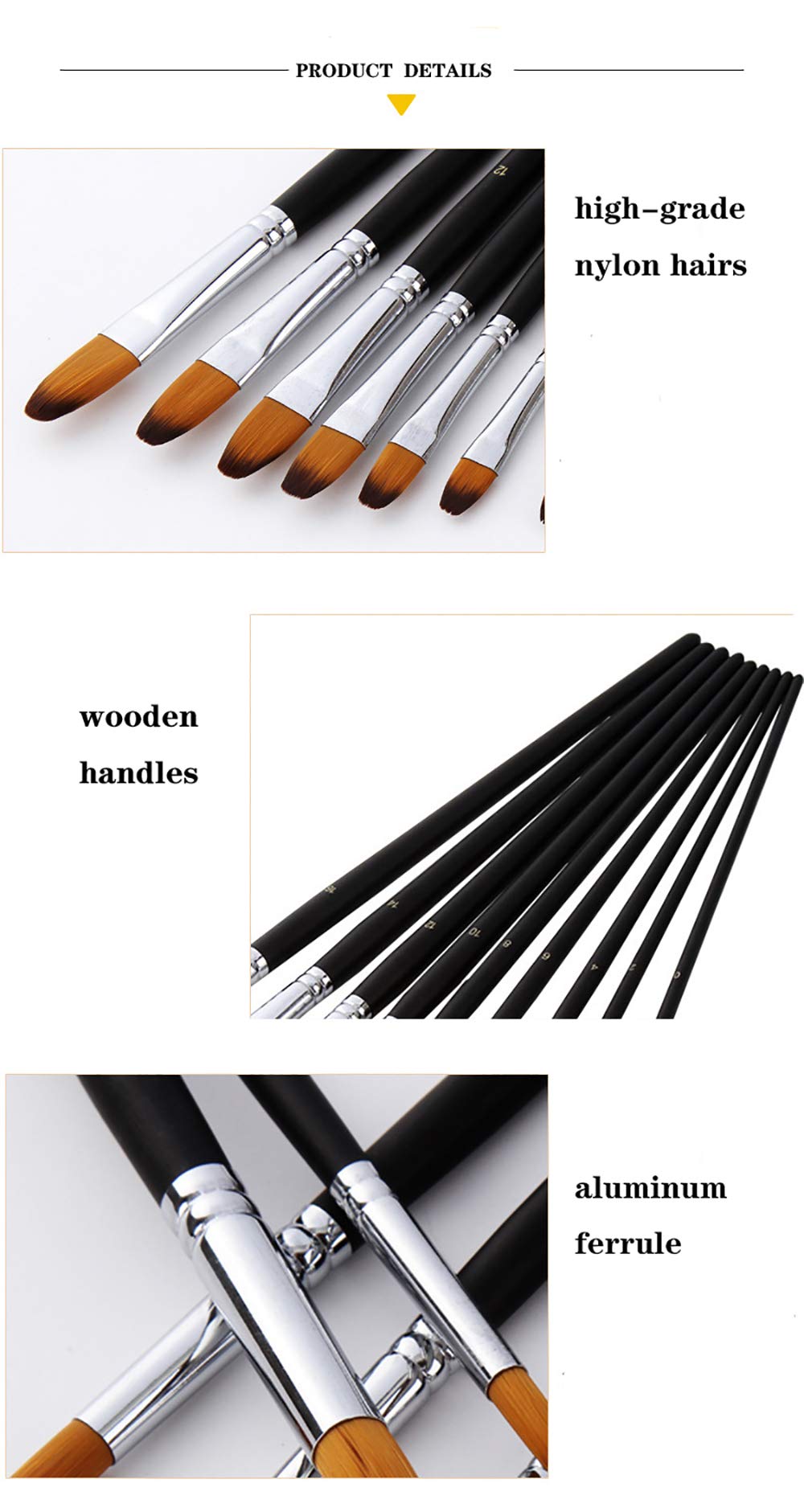 Artist Paint Brushes Set,9 Pcs Professional Filbert Brushes for Acrylic Oil Watercolor Gouache Painting Kits with Long Handle Nylon Hair Black