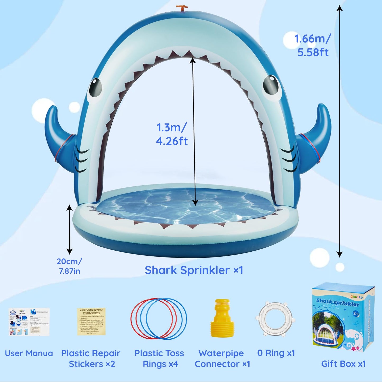 Gleamkid Giant Shark Sprinkler for Kids - Inflatable Water Toys Splash Pad with 360° Spray,4 PCS Plastic Toss Rings,Outside Water Play for Yard,Fun Sprinkler Summer Game Gift Boys or Girls Ages 3-8
