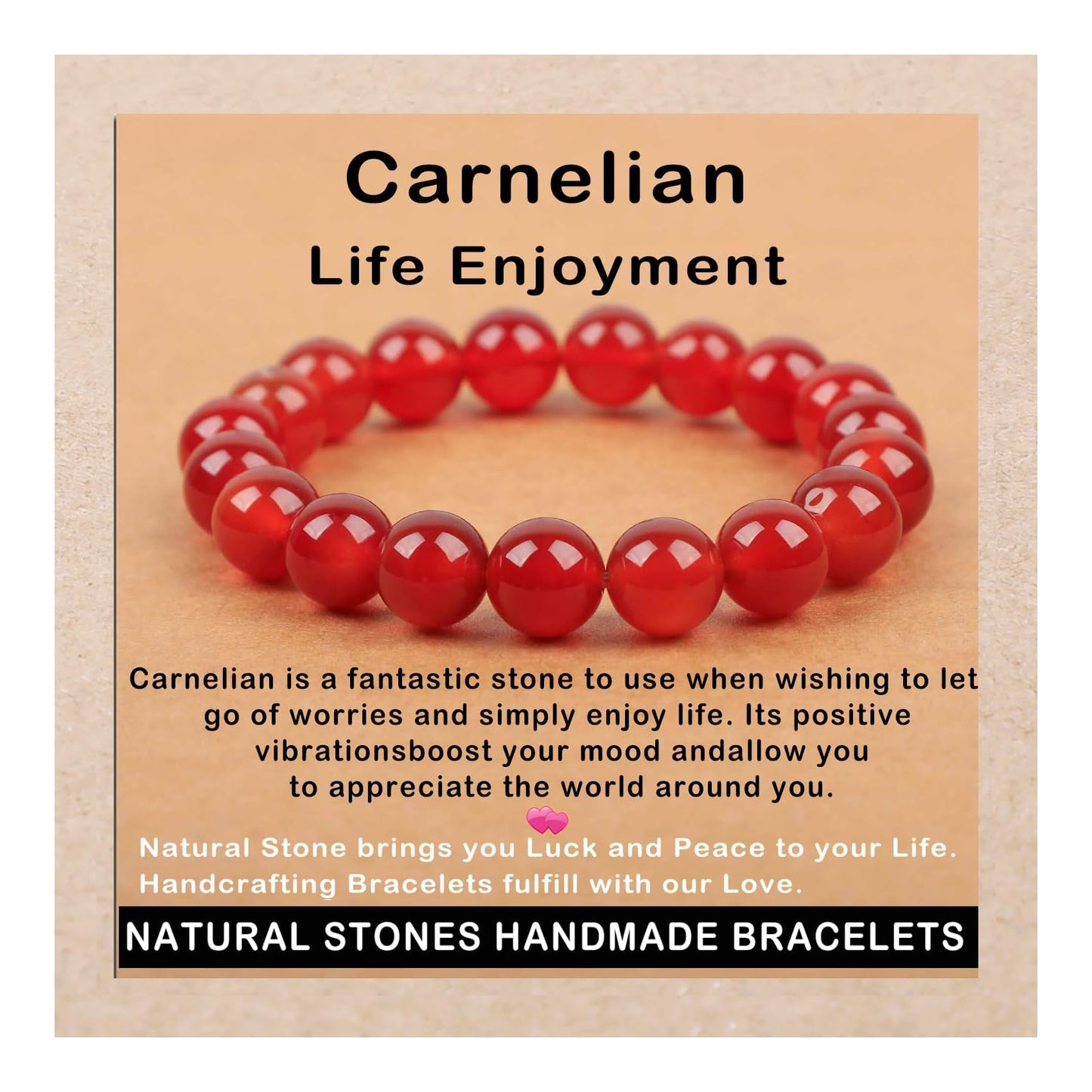 AD Beads Handmade Gemstone Stretch Elastic Bracelet Crystal Healing Reiki Nature's Beauty and Spiritual Essence Unisex (10mm, Carnelian (Life Enjoyment))