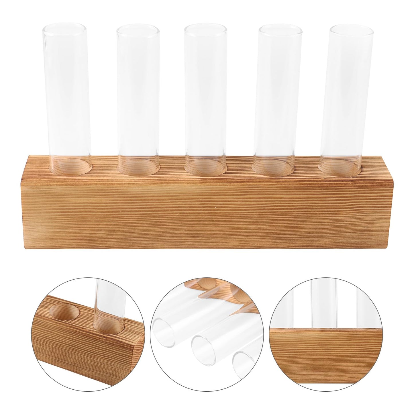 GRIRIW Glass Hydroponic Planter with 5-Hole Wooden Stand, Indoor Plant Terrarium Vase for Water Propagation, Test Tube Bud Vase for Home and Office Décor