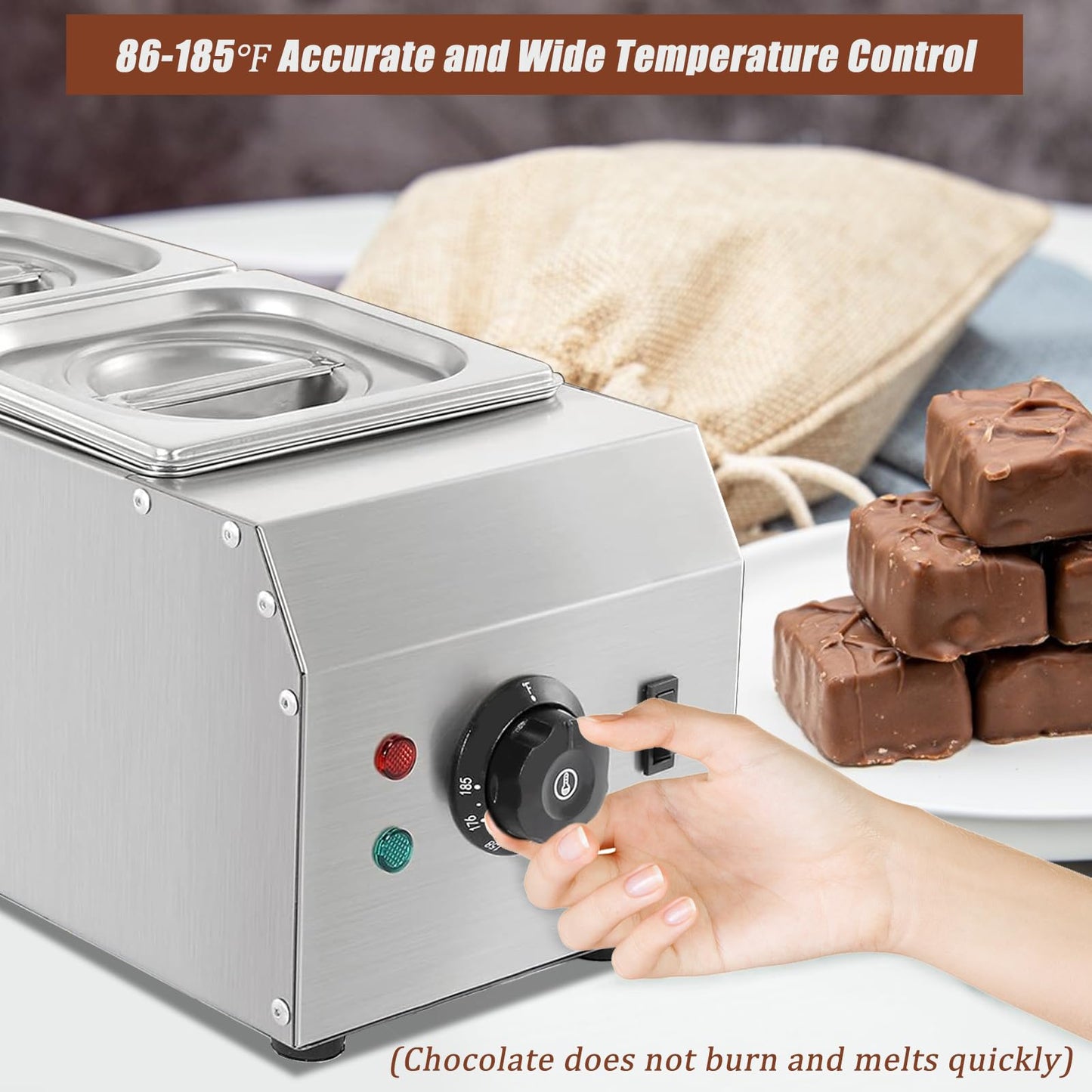 Chocolate Melting Pot, 9 Lbs 2 Tanks Chocolate Tempering Machine Chocolate Melter with TEMP Control 86~185℉, 1000W Stainless Steel Electric Commercial Chocolate Warmer and Melter