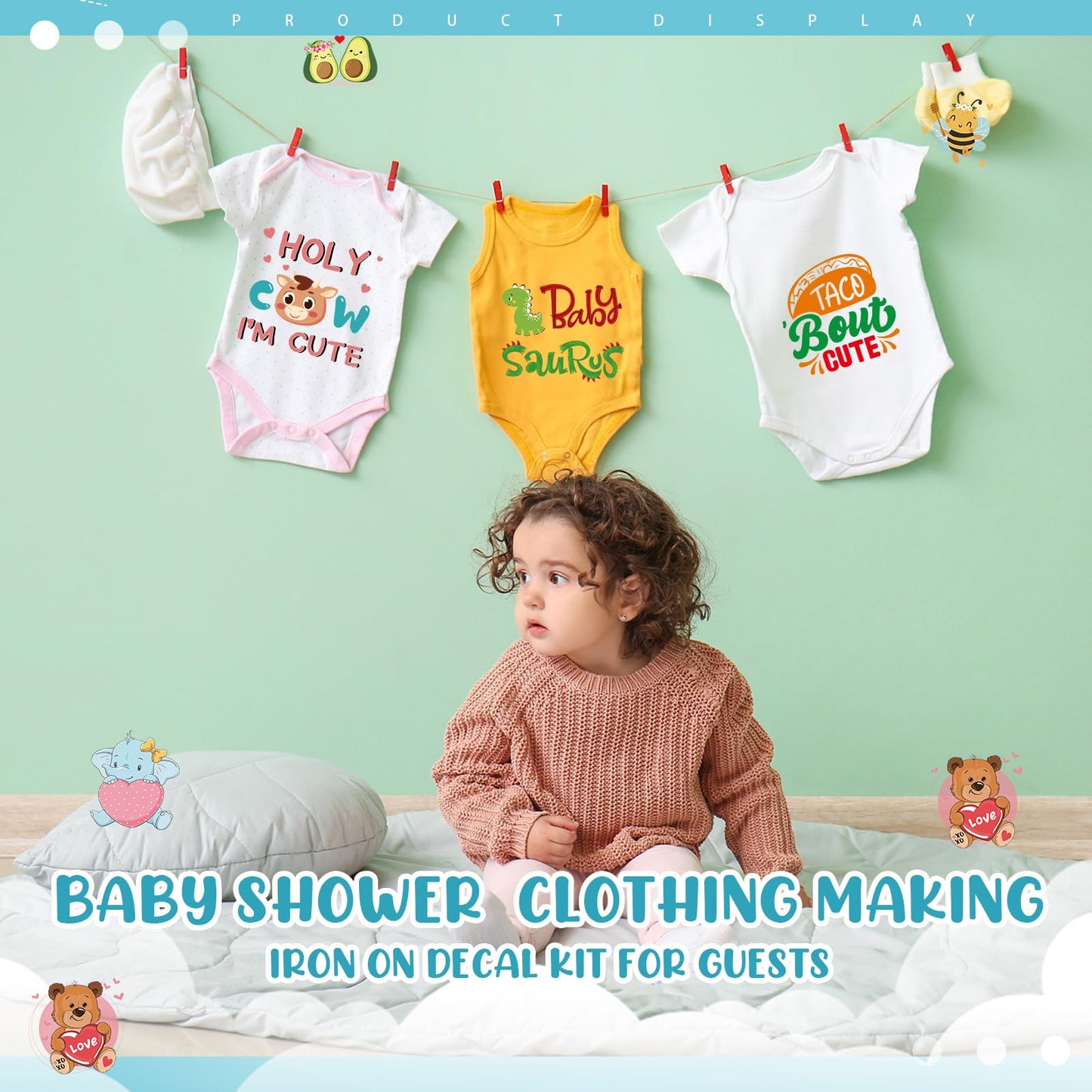 Teling 36 Pcs Iron on Decals Baby Shower Games Iron on Transfers Stickers Patches Baby Bodysuit Making Bibs Decorating Kit Patch Maker for Gender Reveal T Shirt(Cute)