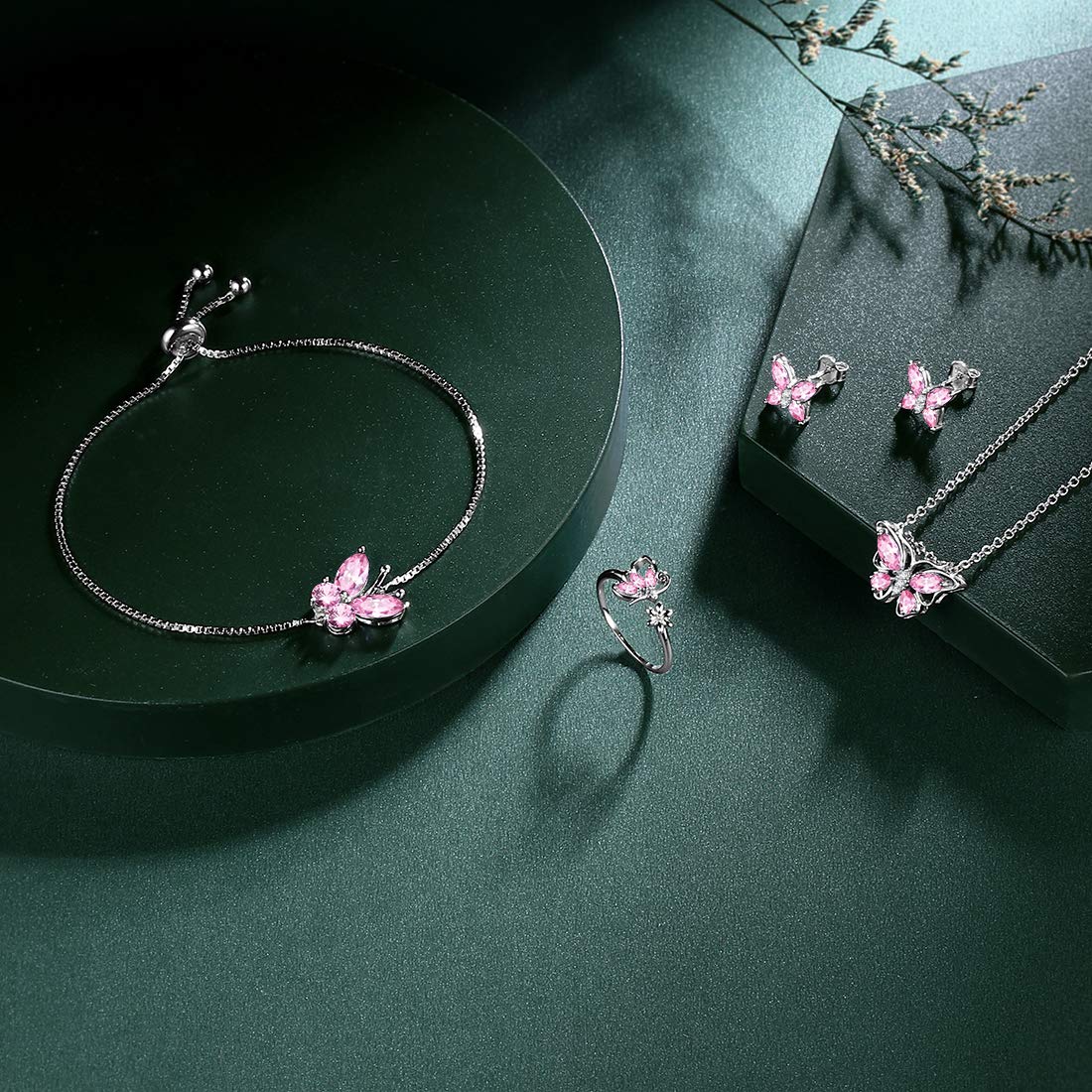 Hipunk Butterfly Pink Jewelry Sets Birthstone Women 925 Sterling Silver October-Tourmaline Birth Stone Animal Butterflies Jewelry Sets/Earring/Ring/Bracelet Set Crystal Birthday Jewelry SS0003O