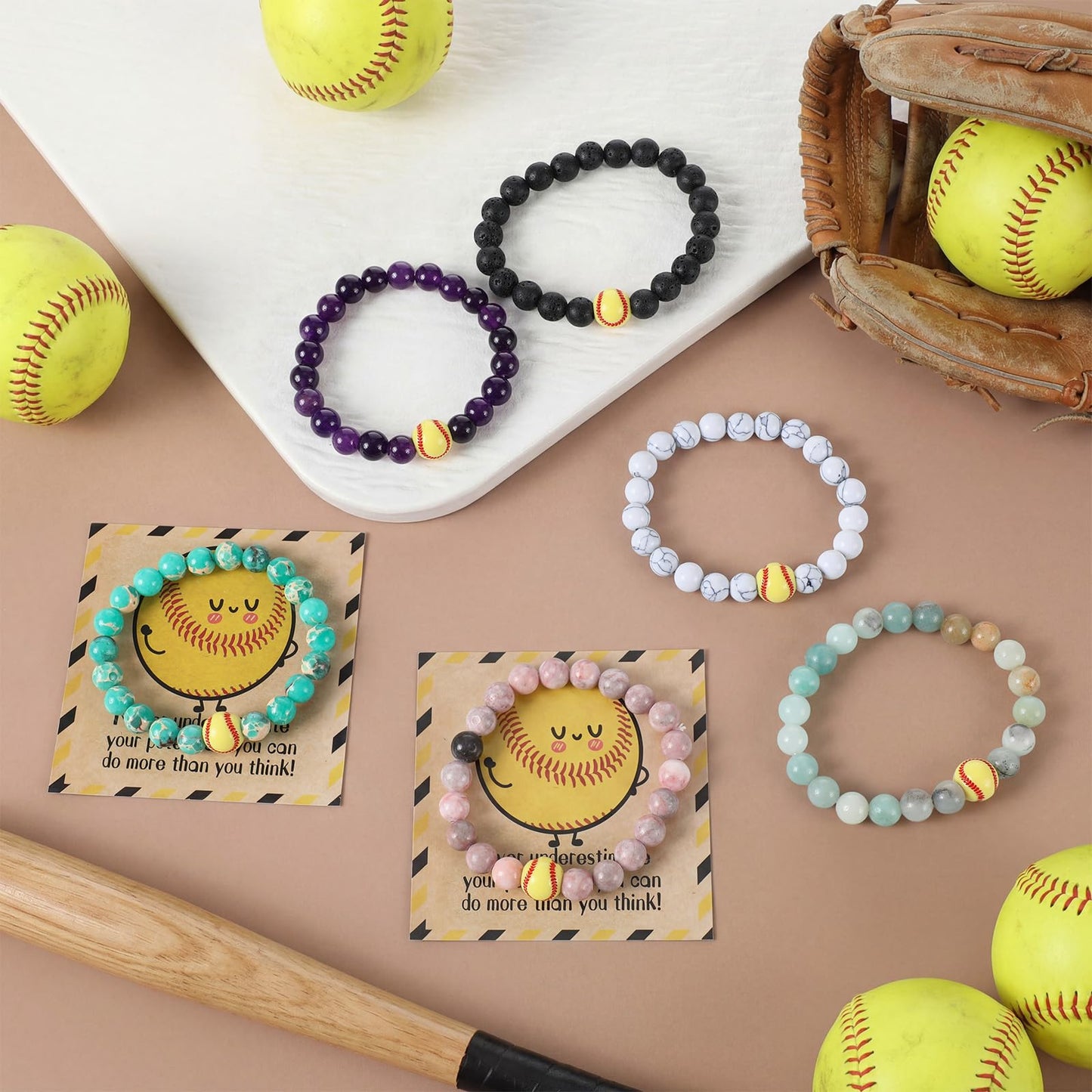 Tondiamo 6 Set Basketball Softball Inspirational Team Gifts Bulk Lava Stone Bracelet Motivational Card Bracelet Senior Night Sport Party Favors for Player Sport Lover (Softball)