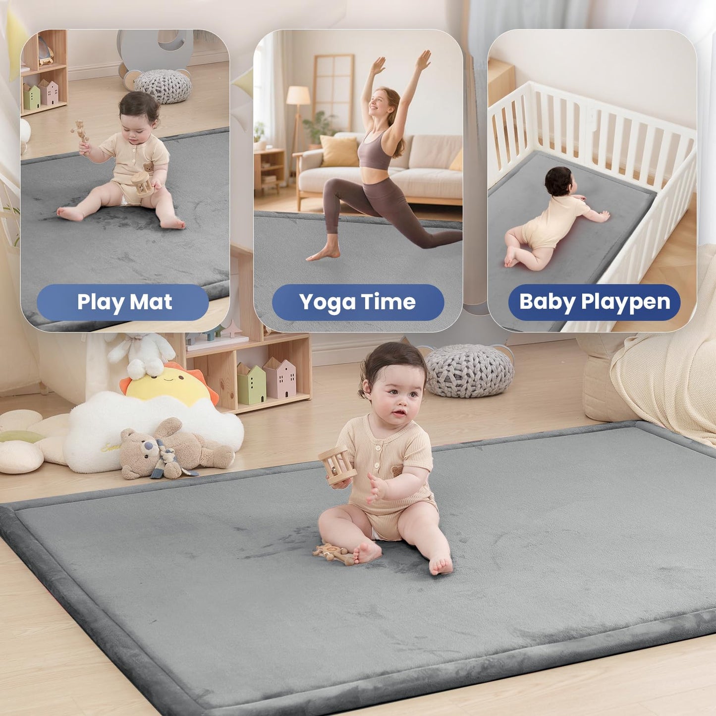 Extra Large 79"x118" Baby Activity Play Mat for Floor, 1.3" Thick Elasti Foam for Tummy Time & Crawling, Non-Slip Nursery Rug for Infants, Toddlers & Kids, Tatami Style Mat for Yoga, Living Room, Classroom & Playroom (Dark Gray)