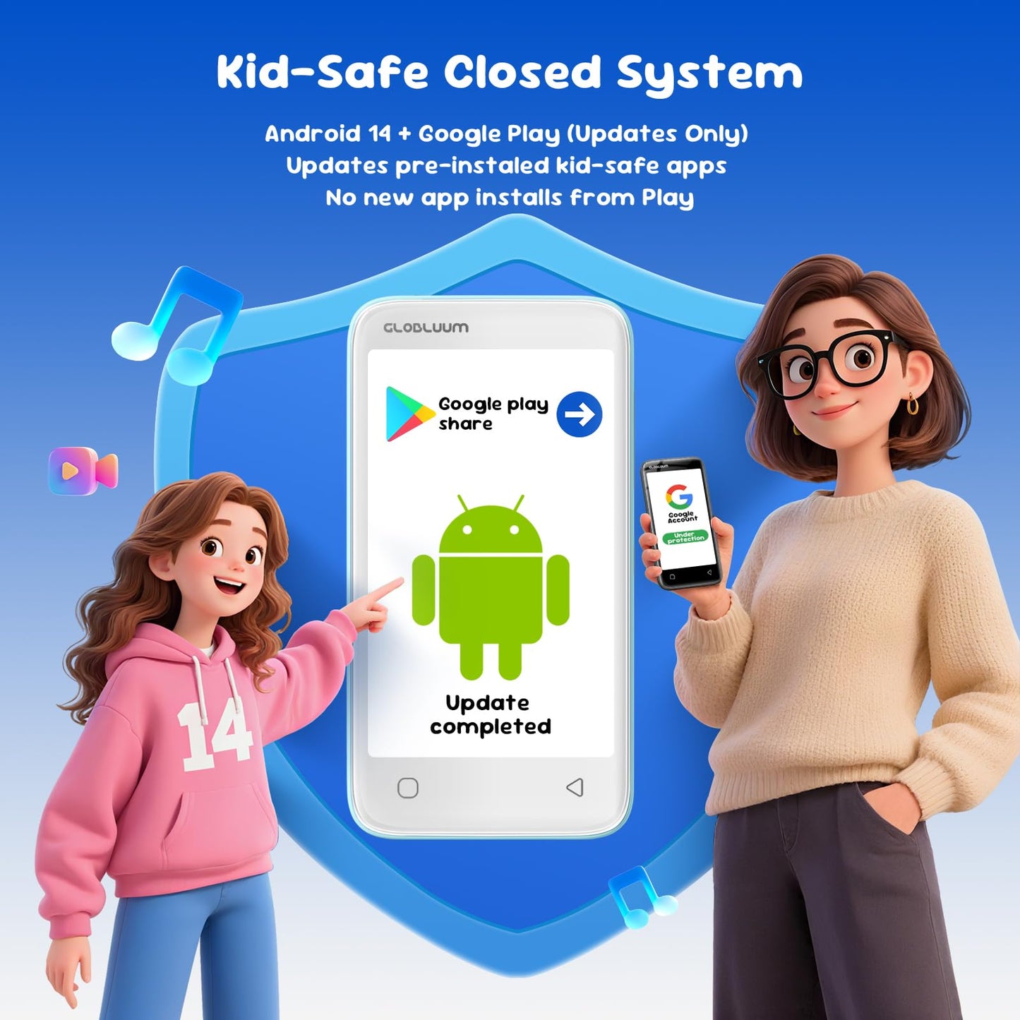 Globluum 80GB MP3 Player for Kids, Parental Controls, Supports Spotify Kids, Audible, LibriVox, Amazon Music and Kindle:Safe Android MP4 Player Gift with 4" Touchscreen, WiFi and Bluetooth(Blue)