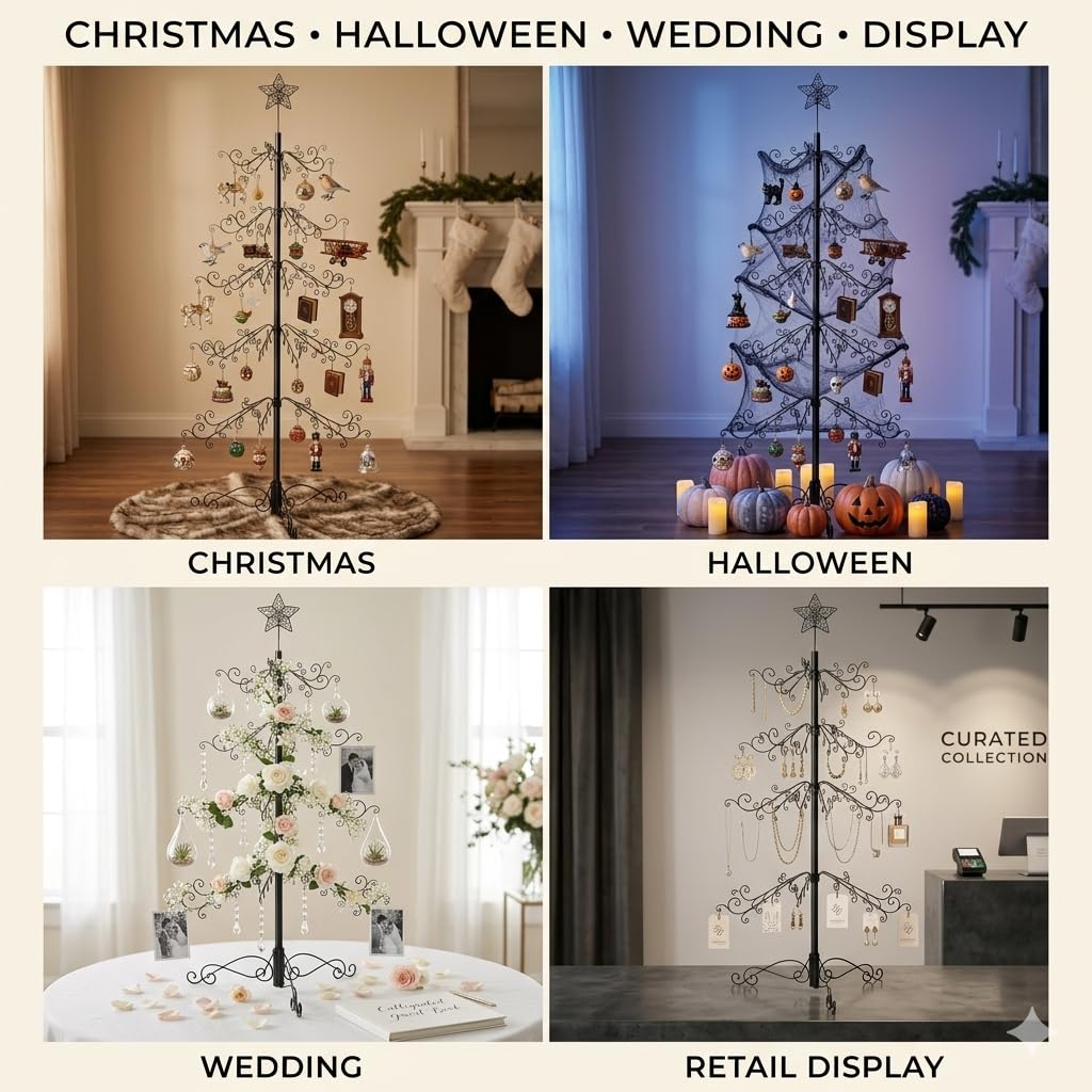 HOHIYA 6.5 Ft Wrought Iron Christmas Tree Alternative 174 Hooks Metal Ornament Display Stand Large Heavy Duty Holiday Decoration Holder for Christmas Halloween Wedding Home Decor Black