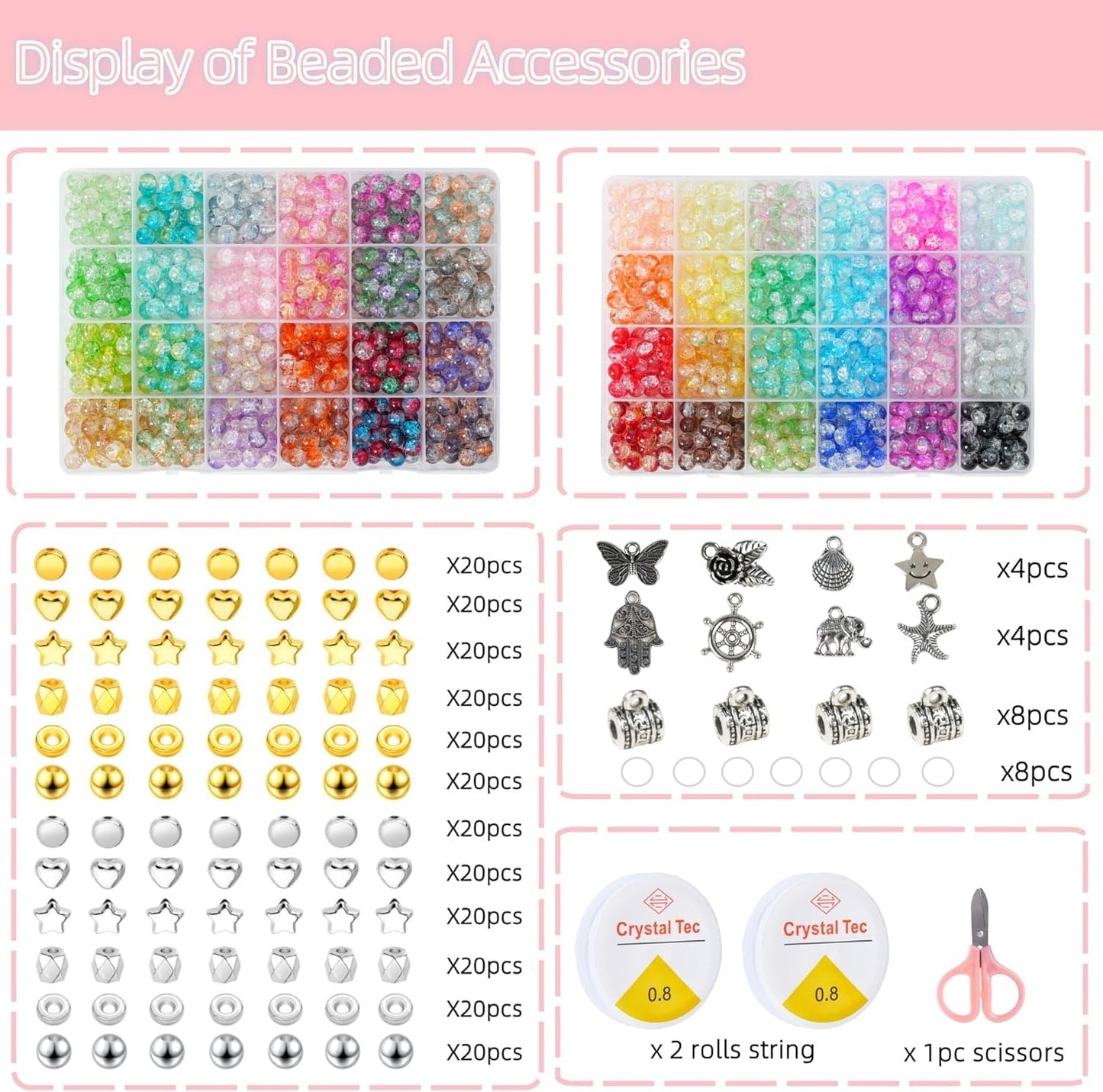 REVKI 1300PCS 8mm Mixed Crackle Glass Beads for Bracelets Making with Accessories, 48 Colors Crystal Glass Beads Jewelry Making Kit, Round Beads for DIY Bracelet Crafts