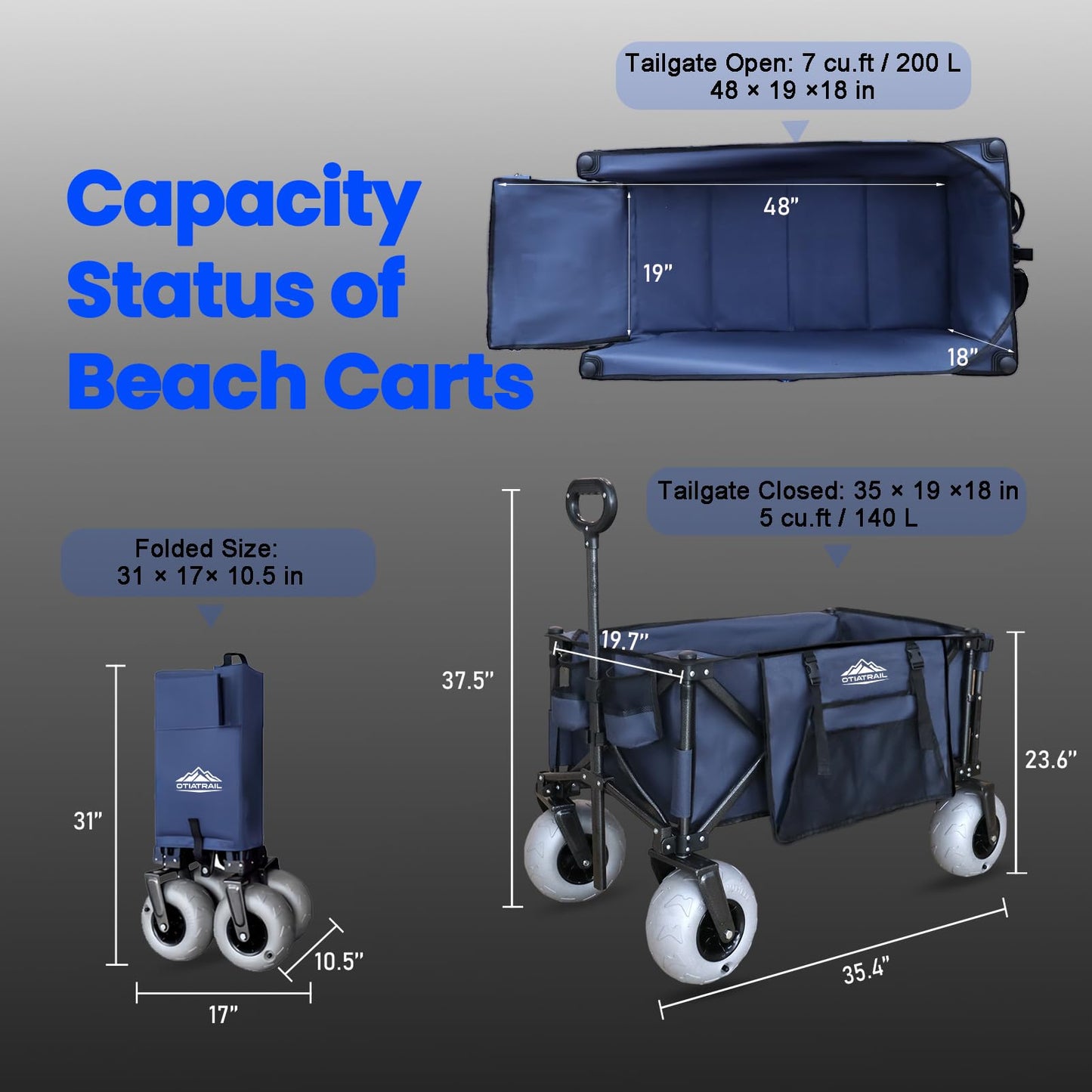 OTIATrail Beach Wagon for Sand with Big All-Terrain 9*4" Balloon Wheels, 200L Large Capacity 330lbs Heavy Duty Beach Carts, Collapsible Utility Wagon with Extended Tailgate for Beach Camping Outdoors