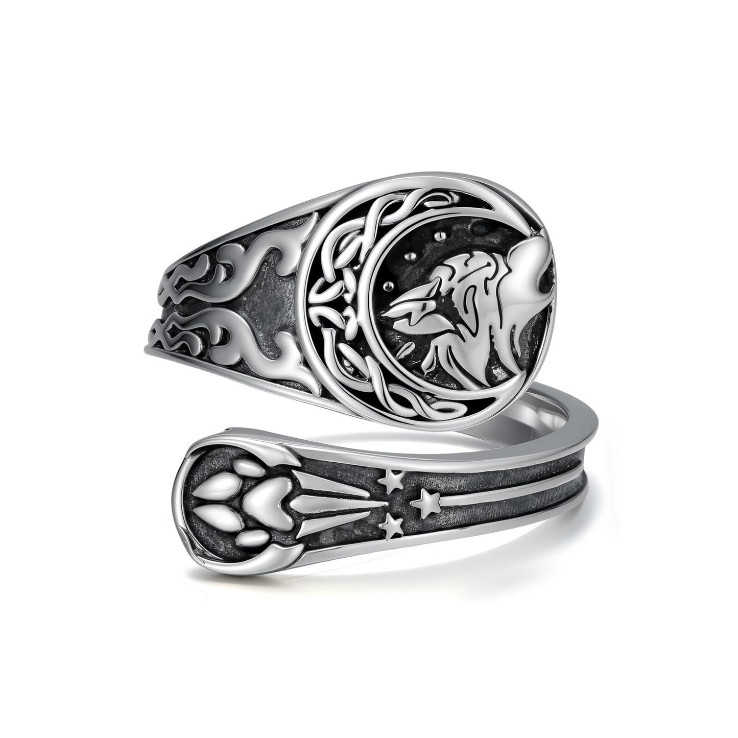 Midari Celtic Wolf Spoon Ring for Women Men 925 Sterling Silver Adjustable Wolf Crescent Moon Paw Viking Thumb Rings Jewelry for Women Halloween Birthday Christmas Gifts