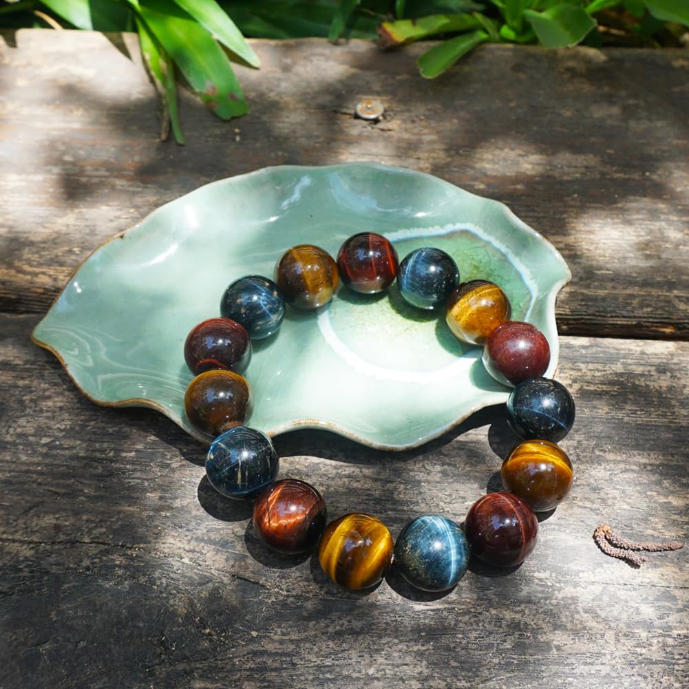 TaHLga Mixed Tigers Eye Mens Bracelet 16MM | Mixed Red Gold Blue | Fits for About 8" XLarge Wrist | Natural Solar Plexus Chakra Gemstones | Bring Luck Wealth Courage | Protection from Evil | Gift
