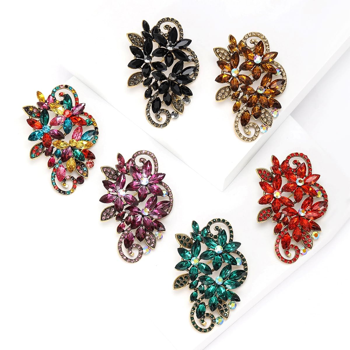 YOQUCOL Vintage Red Austrian Crystal Rhinestone Flower Shape Brooch Pin For Women