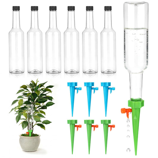Ferrochef 6 Set Plant Watering Devices with Self Watering Spikes Automatic Planter Insert Spikes with Bottle Waterer Devices with Adjustable Control Valve for Vacation Garden Indoor (13.5 oz Bottle)