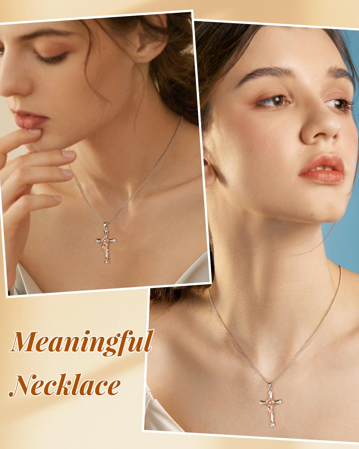 ACECHA Silver Cross Necklace for Women, Dainty Faith Cross Pendant Necklaces with Rose Jewelry for Mom Wife Daughter Sister | Gifts for Birthday Anniversary Christmas Easter(Rose-Love)