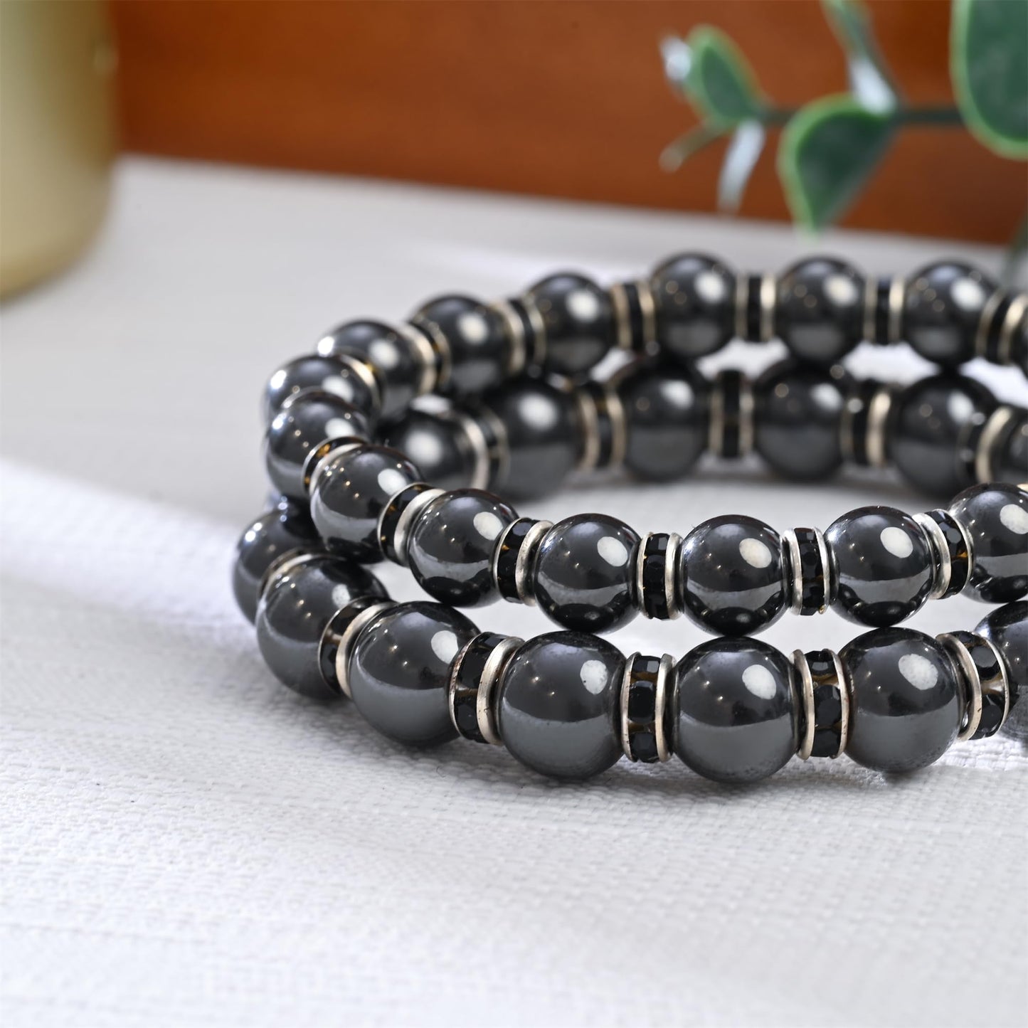 Apocalyptic-K Women's Magnetic Bracelet，Hematite Bracelets，Magnetic Bracelets With Zirconia,Handmade Stretch Bracelet，Eliminates static electricity. (8MM Black &10MM Zirconia)
